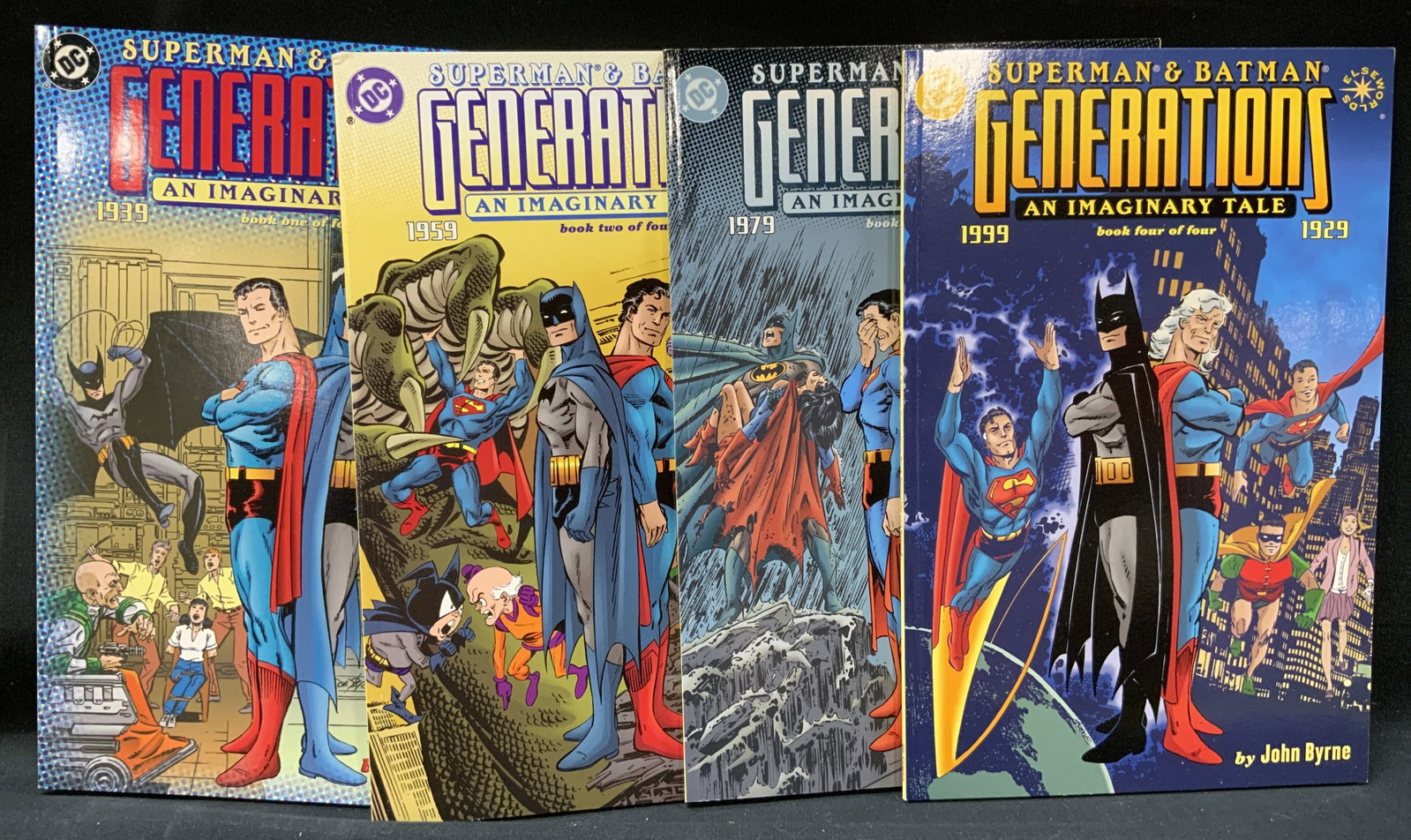 Vtg Lt4 1999 Superman & Batman: Generations: Vintage Complete Lot of 4 of four part Elseworlds mini series Superman & Batman: Generations. Published by DC Comics 1999. Written and illustrated by John Byrne. Includes book one of four, two of four