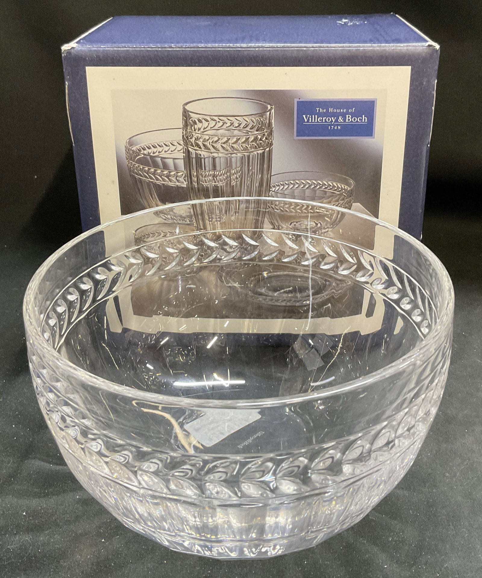 VTG Villeroy&Boch Miss Desiree Crystal Bowl OB: Vintage Circa 1970s-1980s Villeroy & Boch Miss Desiree Collection Crystal Bowl in Original Box. Does Not Come with Rest of Set. Embossed Leaf Garland Rim. Measures app 4in H x 6in Diam. Scratching Pre
