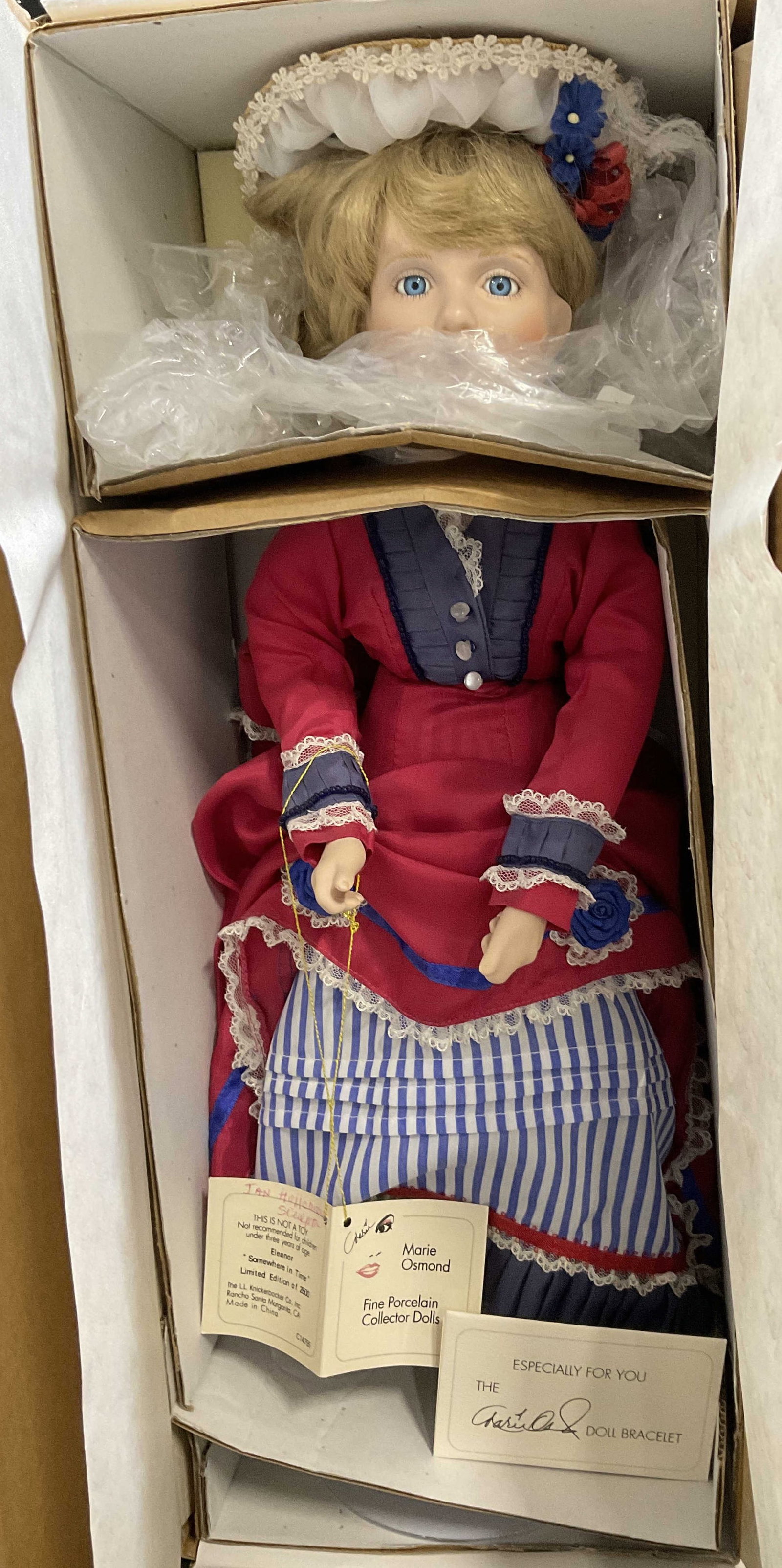 1994 Marie Osmond Collec Eleanor Doll OB: 1994 Eleanor Doll From Marie Osmond Fine Porcelain Collector Dolls Line In Original Box. Somewhere in Time Series. Limited Edition. Manufactured by L.L. Knickerbocker Co. Features an 1870s High-Societ