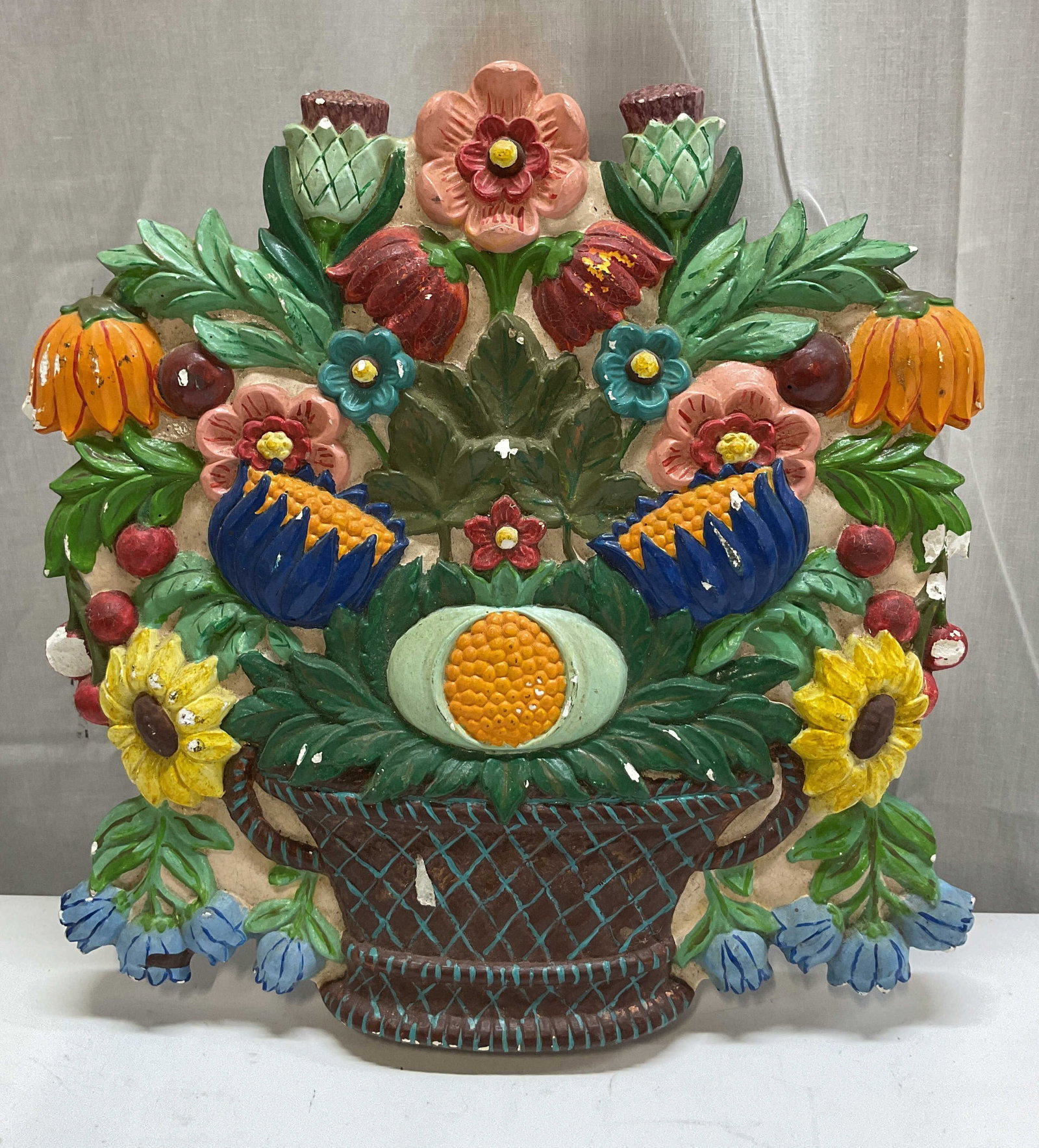 Vtg Syroco Ceramic Floral Basket Wall Plaque: Vintage Syroco ceramic molded floral basket wall plaque. Hand painted. Brown and blue woven basket motif. Basket is overflowing with colorful folk art floral motifs. Hook on backside for mounting.