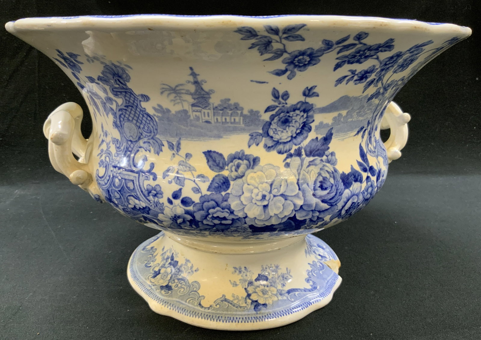 Antq JWR Ridgeway Italian Flower Garden Bowl, UK: Antique JWR Ridgeway Italian Flower Garden Centerpiece bowl. Staffordshire, England. Blue and white Transferware. Interior and exterior display dense floral clusters. Dual molded handles attached to