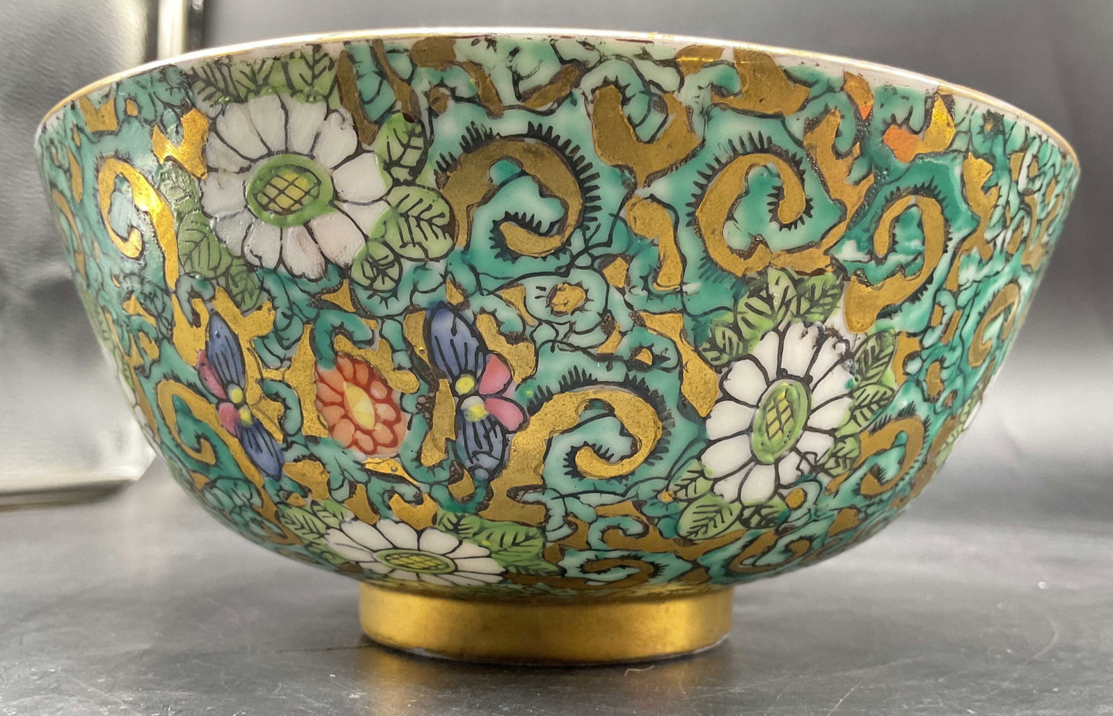 Hildegard Japanese Hand Painted Porcelain Bowl: Hildegard marked underside, Japanese porcelain hand painted in Hong Kong, mid 20th century bowl features Japanese white porcelain blanks with overglaze enamel and gilt decoration applied in Hong Kong,