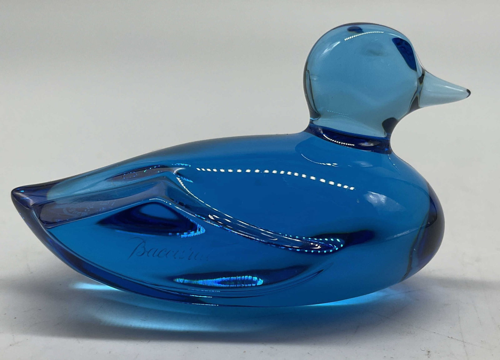 Baccarat France Blue Crystal Duck Paperweight: Vibrant blue crystal duck figural paperweight marked underside for Baccarat France, measures app 2.5 inches, LC