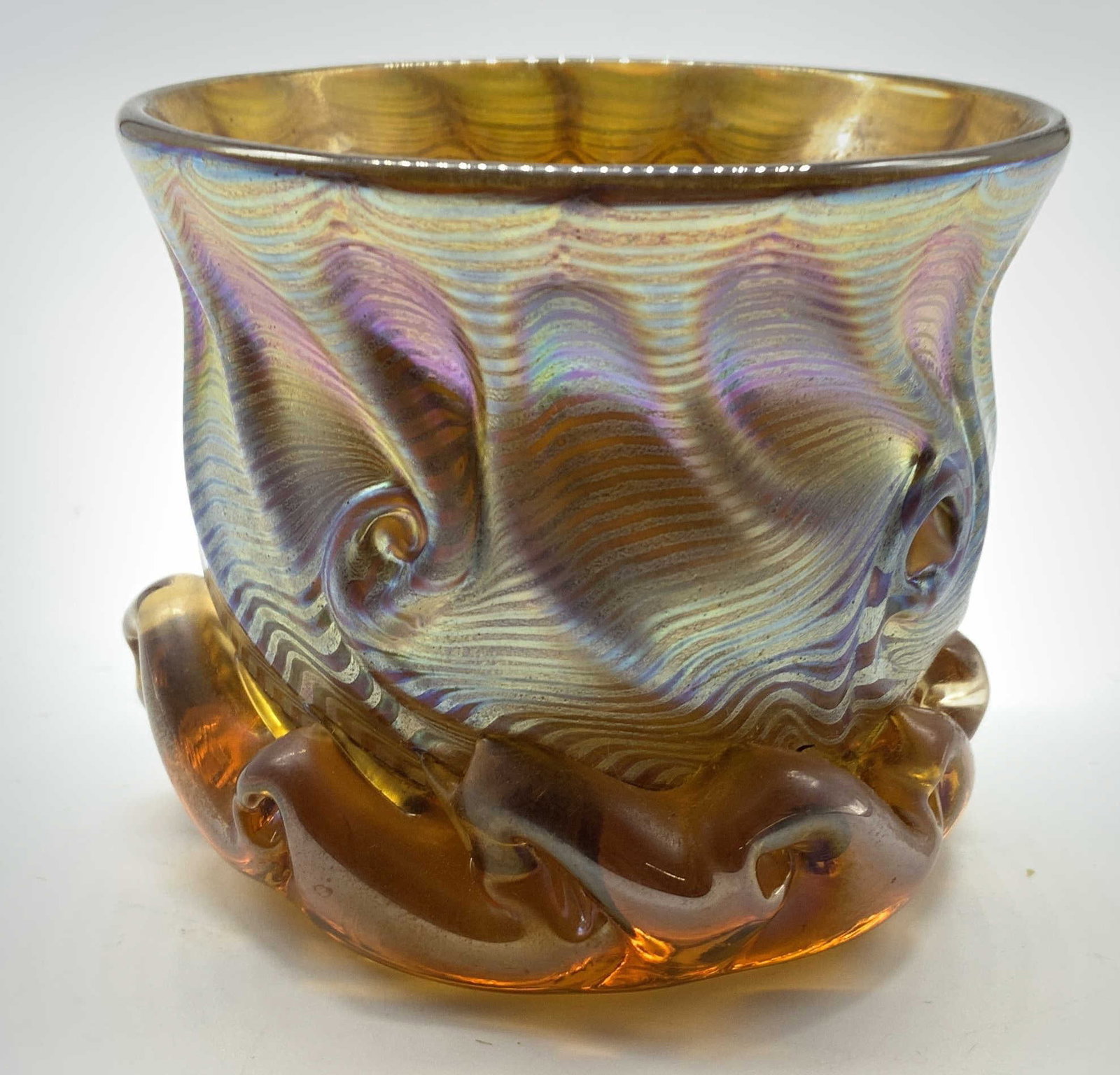 Signed dated 1983 Ir Hand Crafted Art Glass Vessel: Signed illegibly on underside, dated 1983, Art glass vase, vessel, bowl, decorative object, ir Lostz style featuring a shimmering golden Amber ground with undulating optic wave patterns and applied