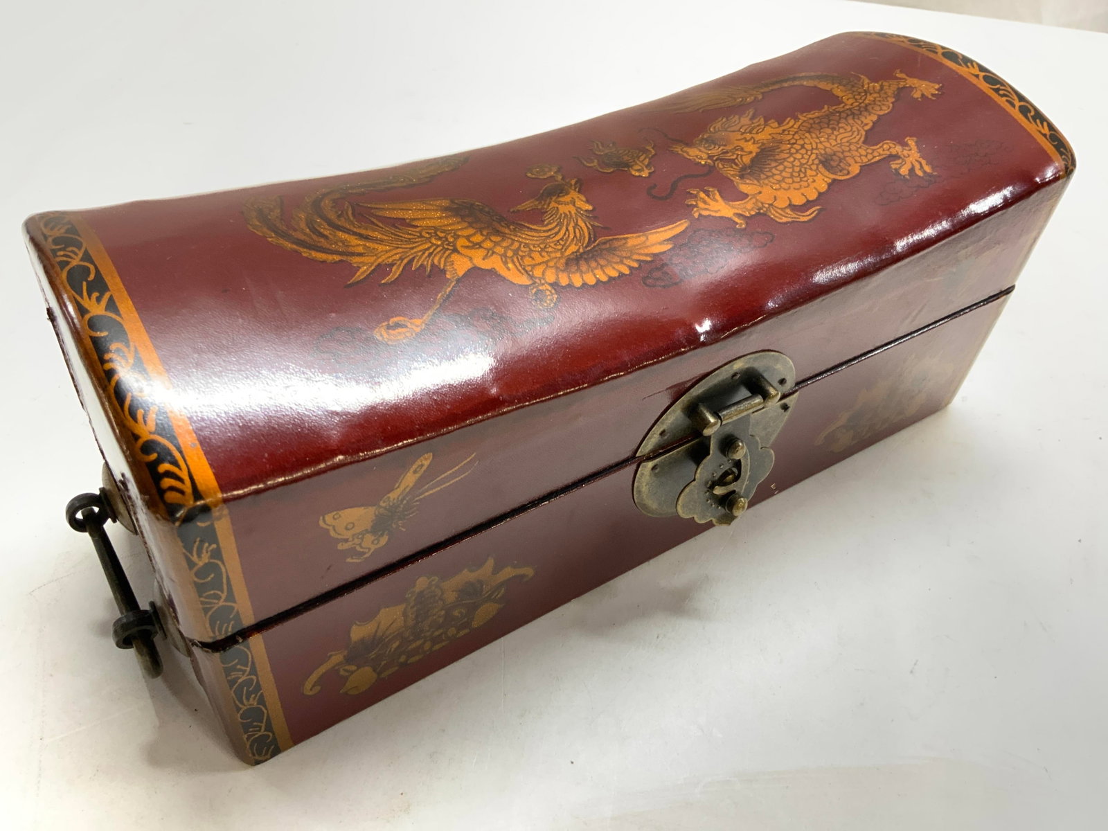 Antq Chinese Leather hnd painted Wood Pillow Box (1 of 14)