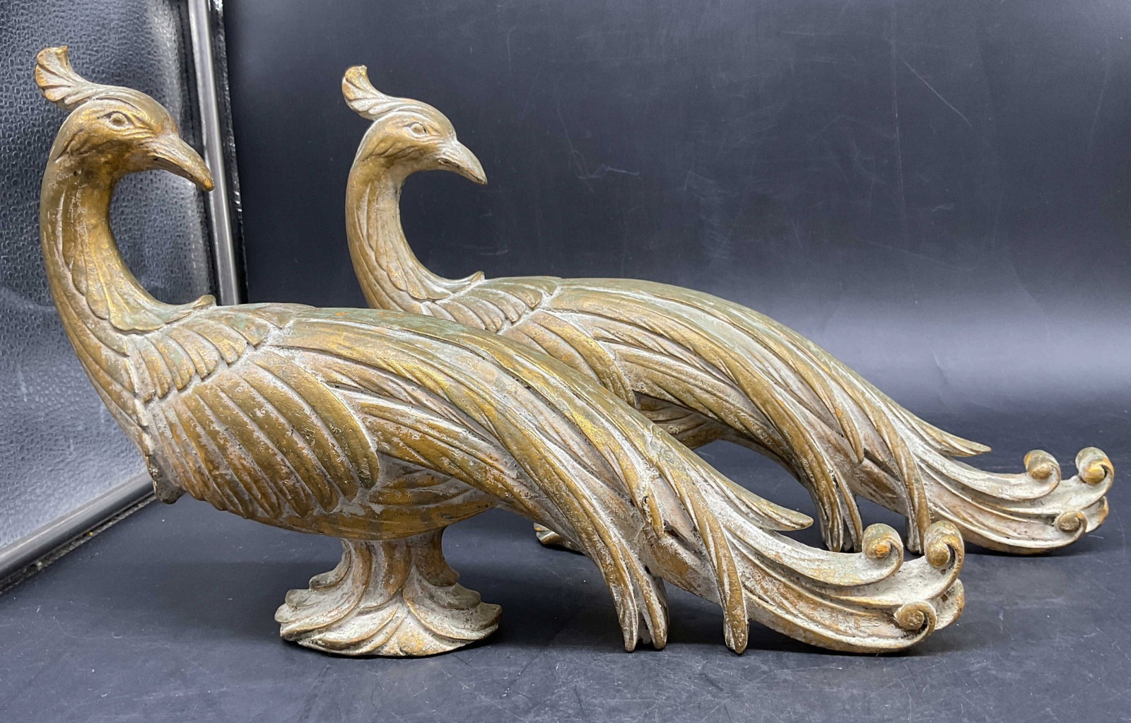 Pr MCM Hollywood Regency Gilded Peacocks: Pair of vintage mid century modern Hollywood Regency Gold Gilded Peacocks Figurals, composite wood pulp featuring ornate textured feather detailing in a crackled metallic gold finish, art deco
