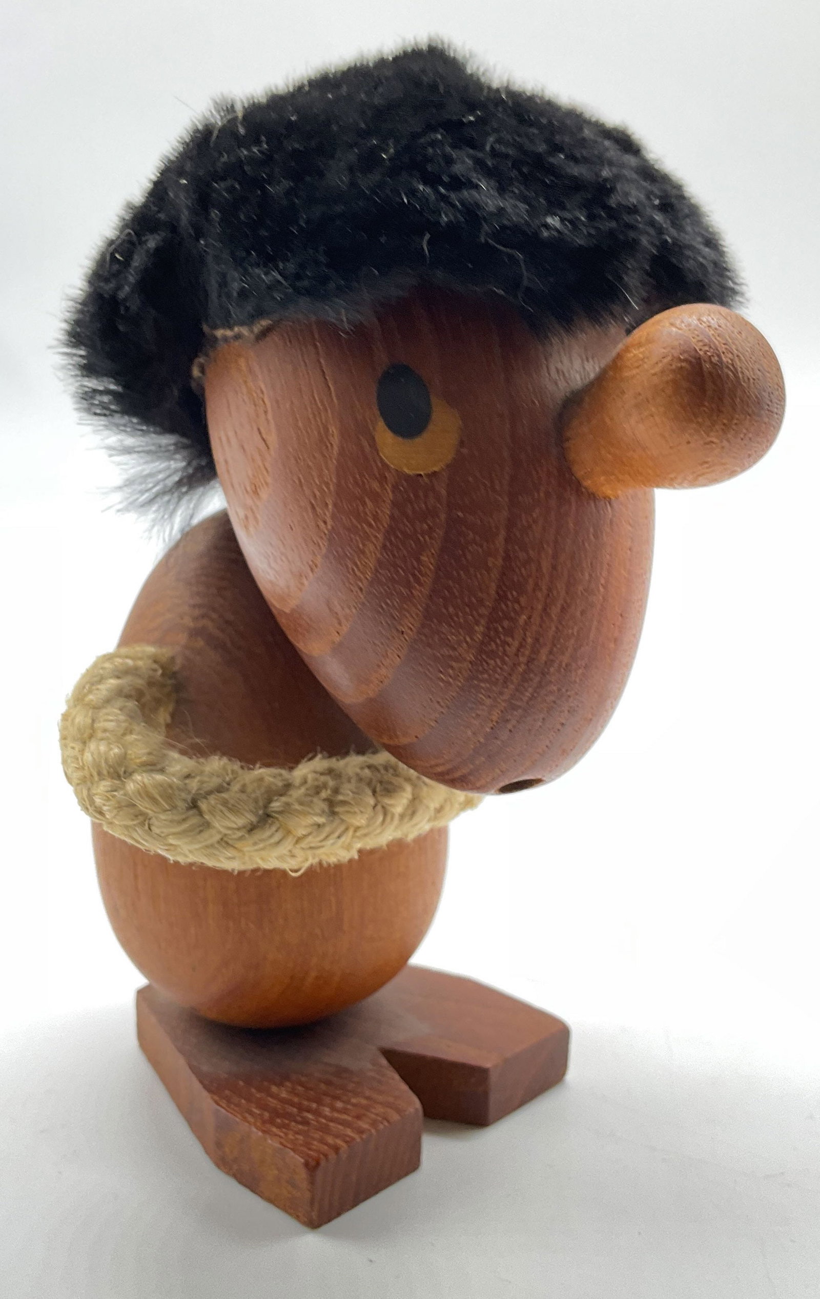 Hans Bolling Orskov Denmark Carved Figural MCM: Signed underside Hans Bolling, Orskov & Co, Denmark, hand carved MCM Teak wood figural Pessimist, designed by Danish architect Hans Bolling in 1959, thick rope arms , tuft of dark fur hair, ,