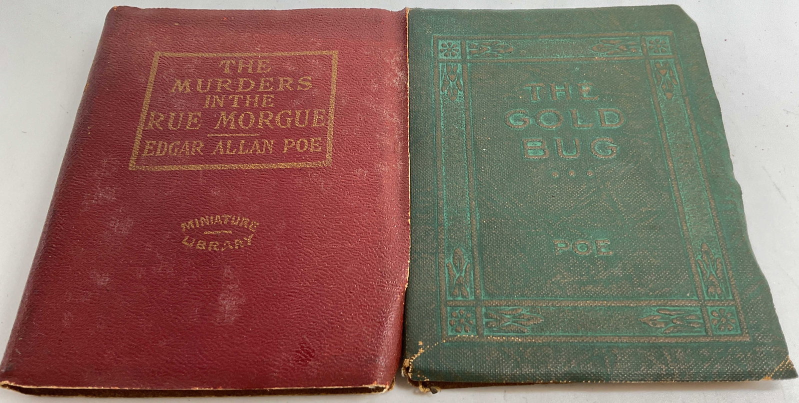 Antq Mini Leather Edgar Allen Poe Books: Set 2 Edgar Allen Poe mini leather books, the murder in the Rue Morgue and The Gold Bug, published by the little leather library corporation, New York USA each measures approximately 4.5 by 3.25 inche