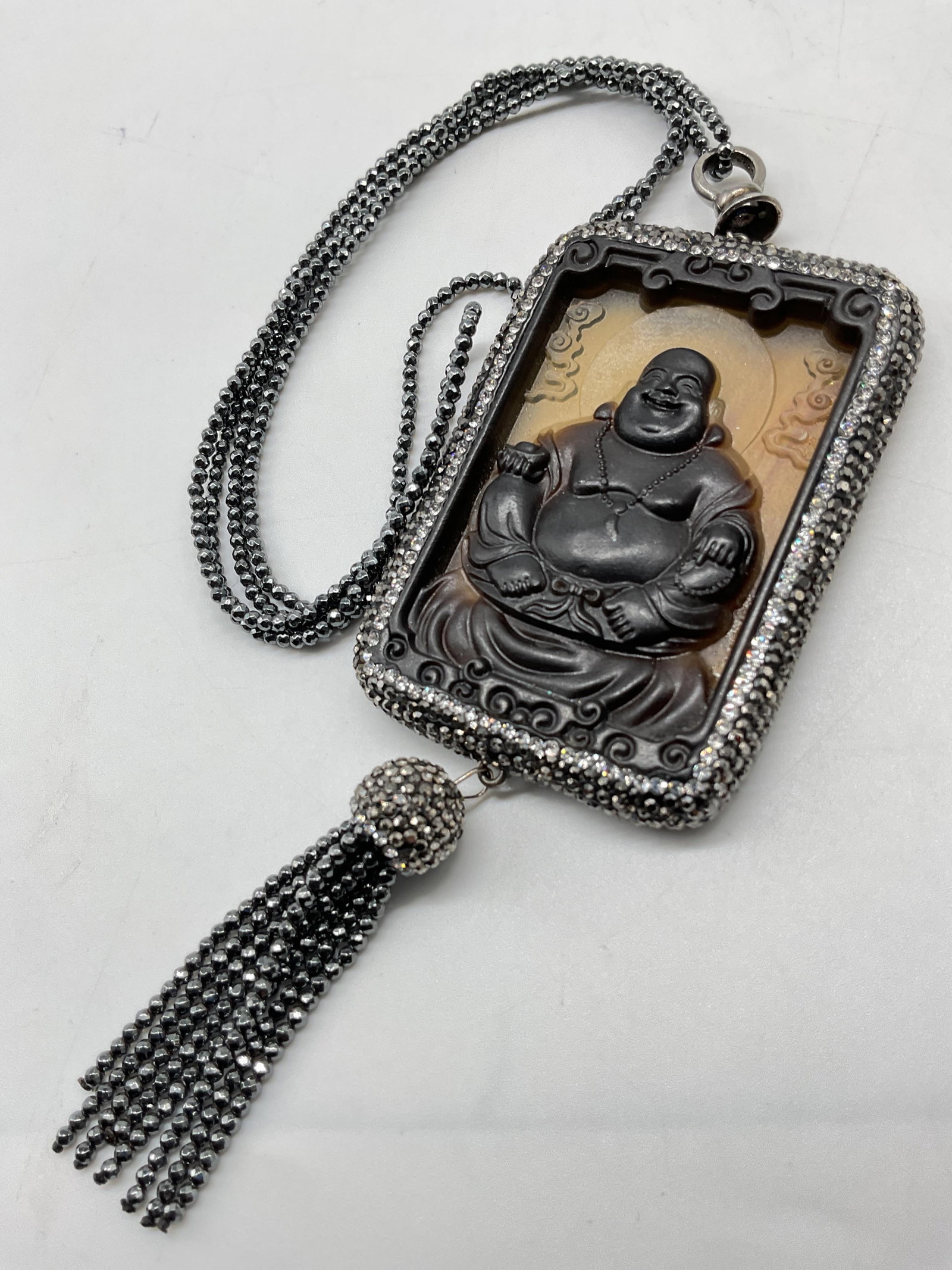 Vntg obsidian and Pave Crystal Buddha Necklace (1 of 6)