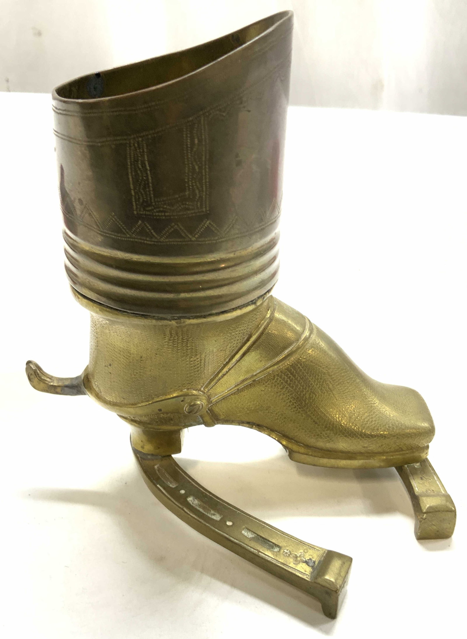 Antique Solid Brass Hussar Boot Desk Organizer,: Antique Hussar Boot and Horseshoe Desk stand, often used as pen holder, match holder or toothpick holder, crafted in Europe late 19th century, Victorian era, the piece is modeled as a traditional Huss