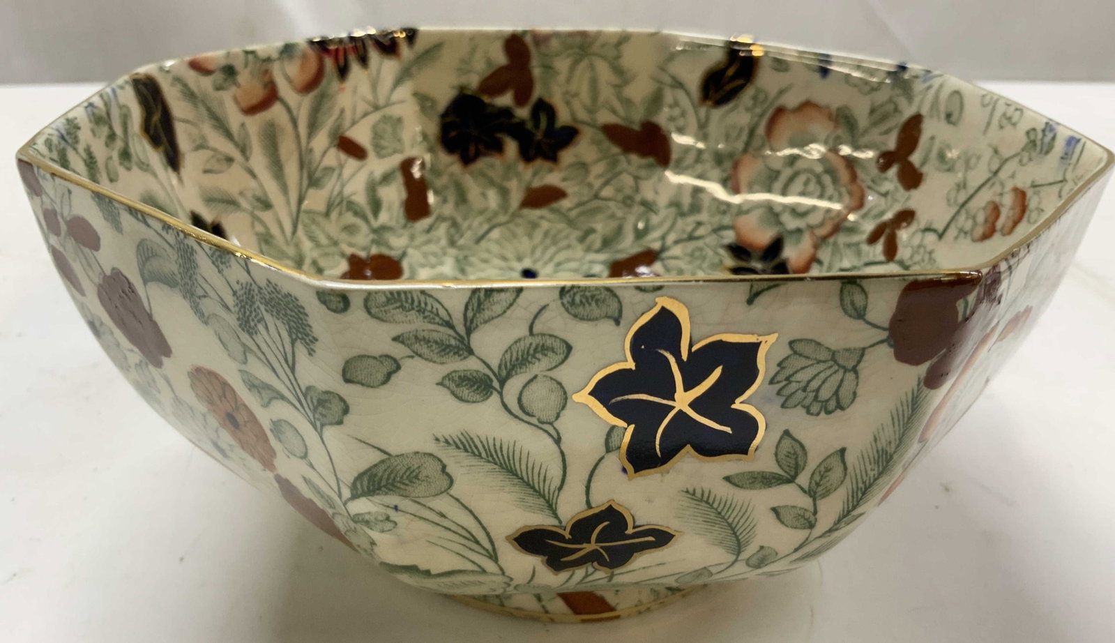 Vntg Royal CAULDON Eng Bittersweet Serve Bwl: Vintage Royal CAULDON England Bittersweet pattern Octagonal Serving Bowl , porcelain, intricate floral chintz pattern in Imari inspired tones of rust, orange, navy and green , made in England, Imari c