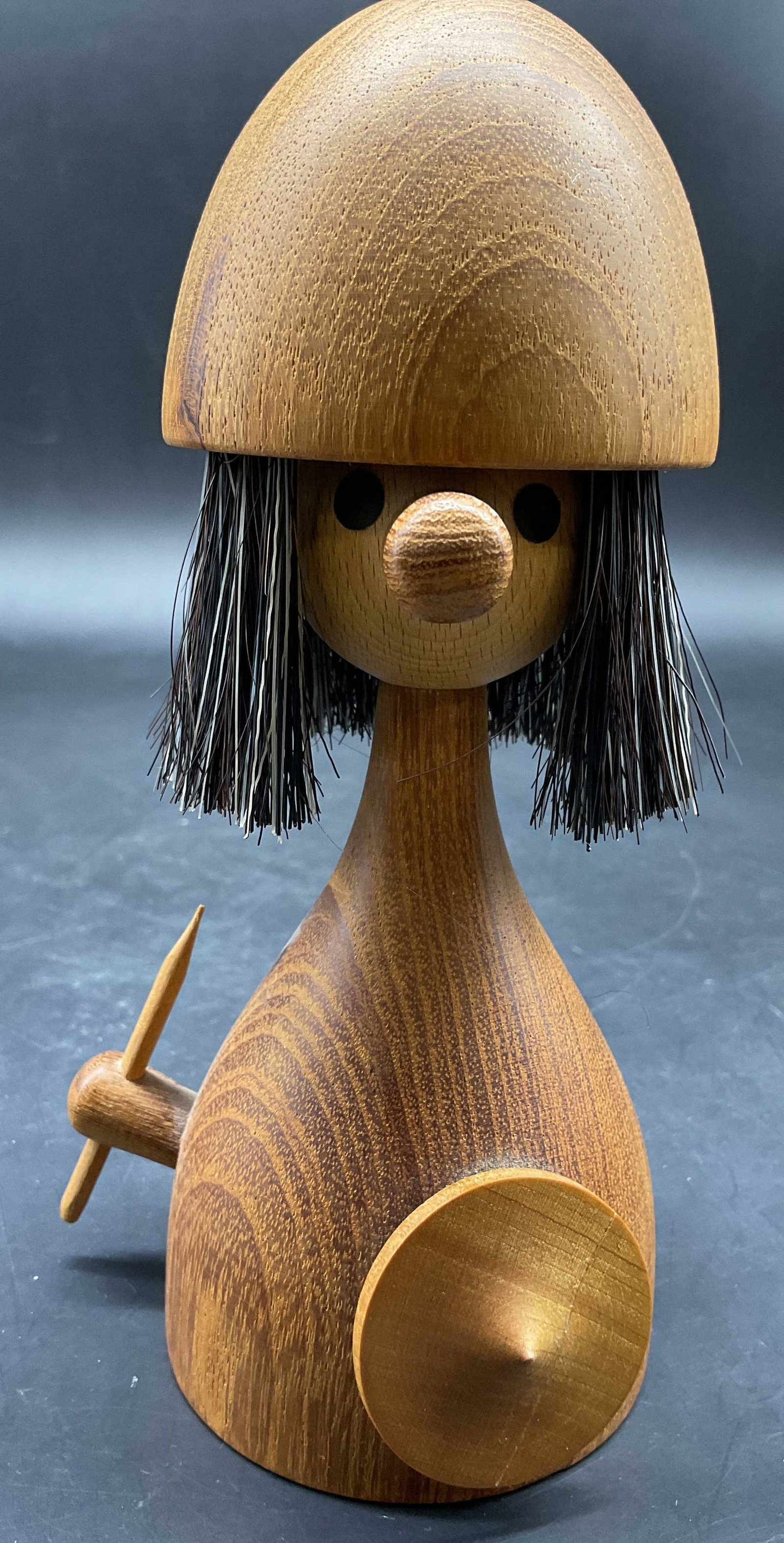 Vntg Attr Lauries Lamborghini Teak Viking, MCM,: Vintage Danish MCM teak Viking clothes brush figural designed by Lauries Linborg featuring a removable rounded Helmut top that doubles as a bristle brush, a wooden bulbous nose and a shield and spear