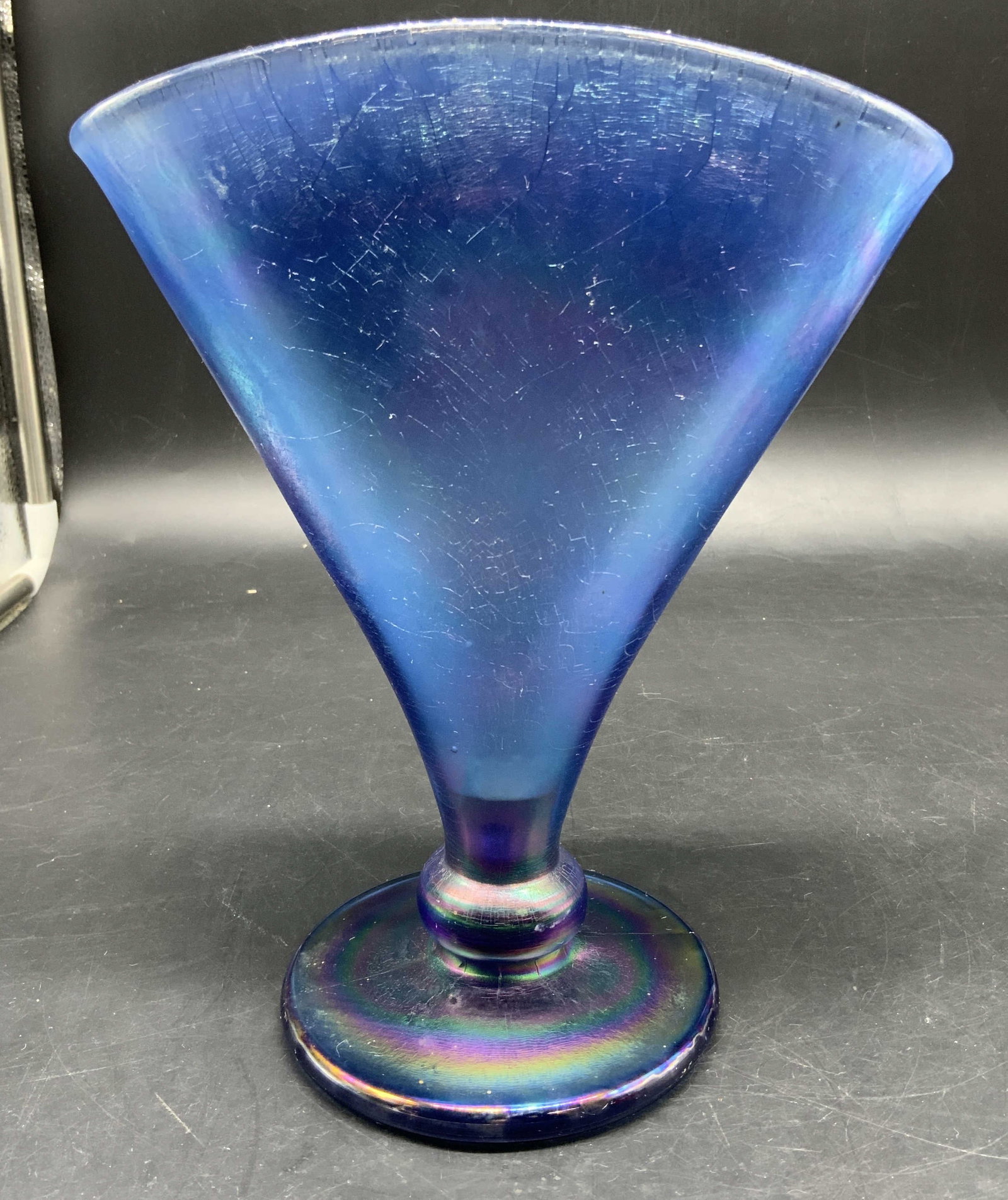 Vntg Fenton Blue Glass Fan Vase: No signature found, attributed to Fenton, blue iridescent Glass Fan Vase possibly made for MMA, Celeste blue stretch glass with a colorful shimmering iridescent rainbow sheen, circa 1980s 1990s,