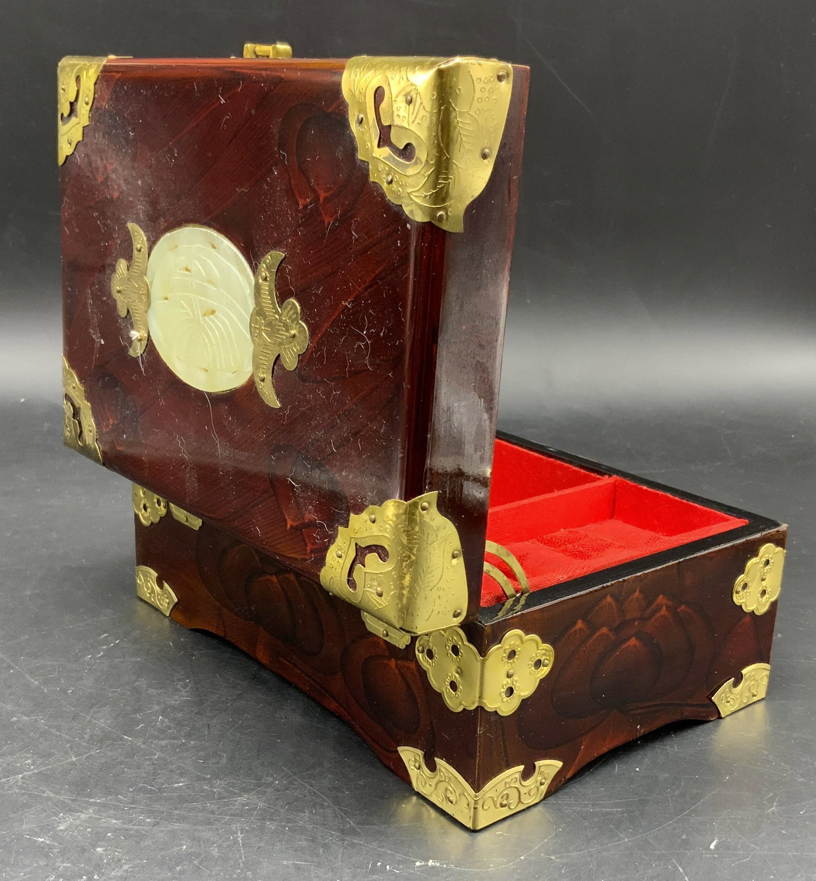 Vntg Chinese Wood Jade Brass Jewelry Box (1 of 14)