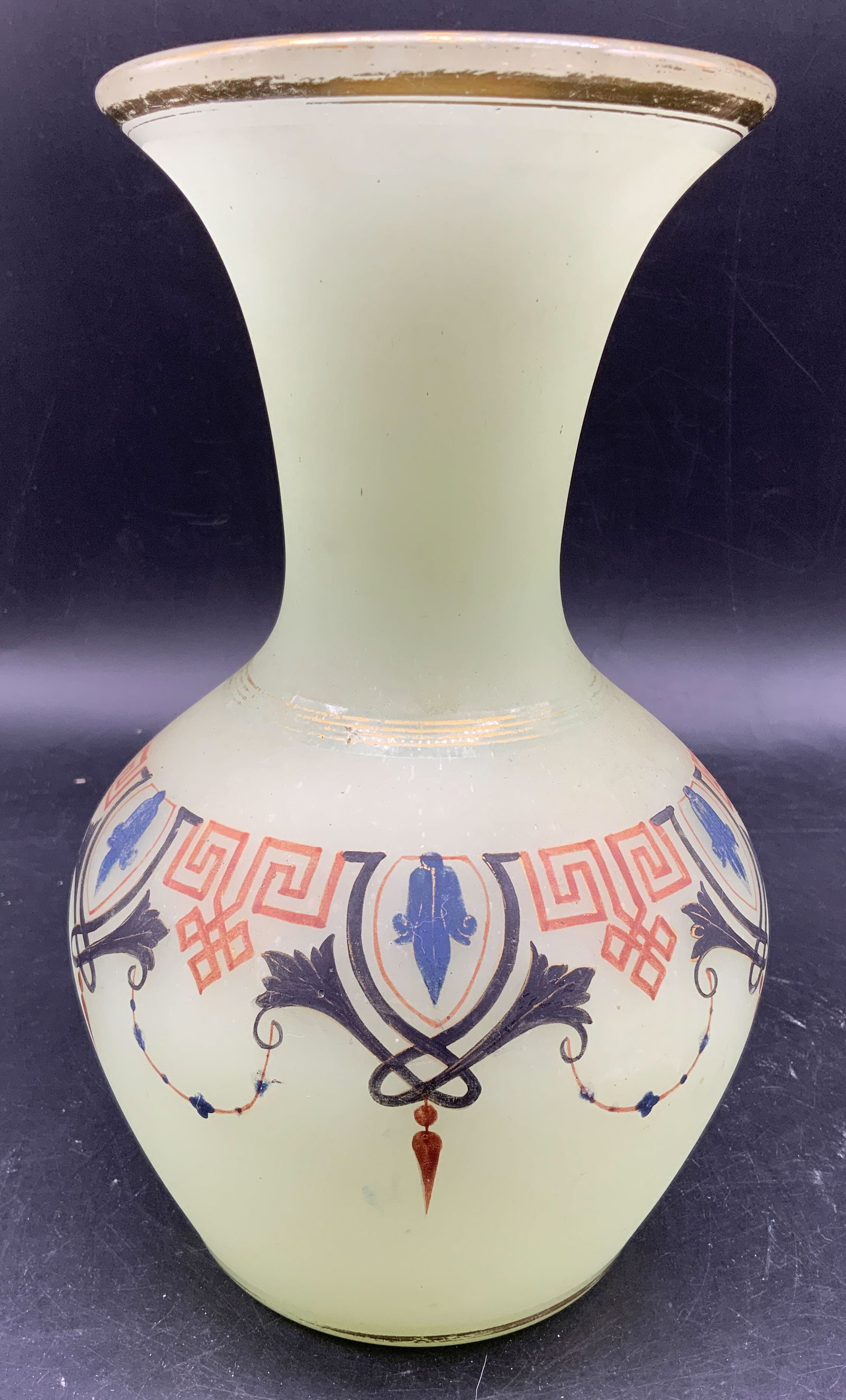 Antique Opaline Art Nouveau Glass Vase: Vintage or antique light green Opaline vase featuring hand painted geometric and floral art deco art nouveau design enamel decoration, wear to paint measures ht 10 inches diameter app 6 inches,