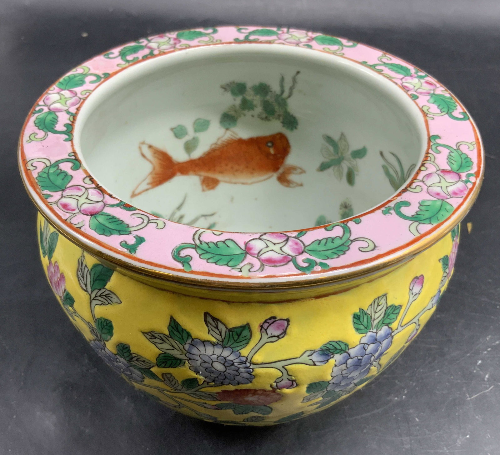 Sgnd Antq Chinese Yellow Ground Enameled Planter: Signed with Asian characters, Antique possibly vintage Chinese yellow ground enameled porcelain ceramic fish bowl or planter featuring polychrome floral and branch motifs on the exterior and hand