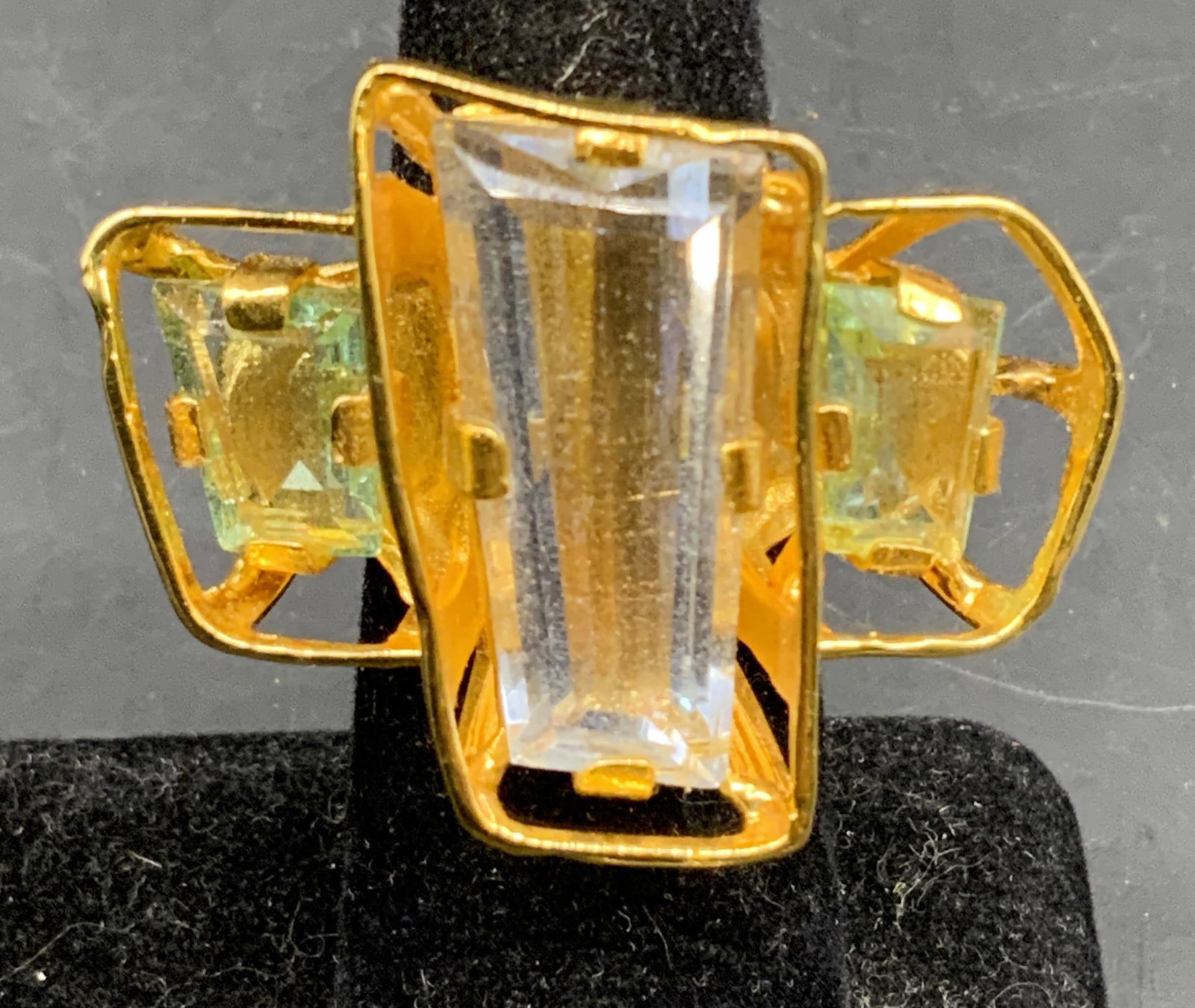 Alexis Bittar Gold Plated Cocktail Ring: Marked inside initials Aurora Borealis gold plated over Sterling, early Alexis Bittar, cocktail ring, Statement ring featuring large emerald cut citrine gemstones set in an open frame basket setting, 