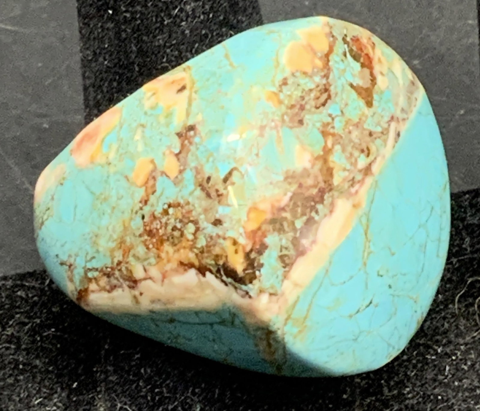 Polished Turquoise Large Stone Ring: Cocktail ring one large smooth and highly polished turquoise stone ring, marveling throughout, Sur age circle tapers into surrounding band, diameter of surface app 1.25 inches, Statement ring,