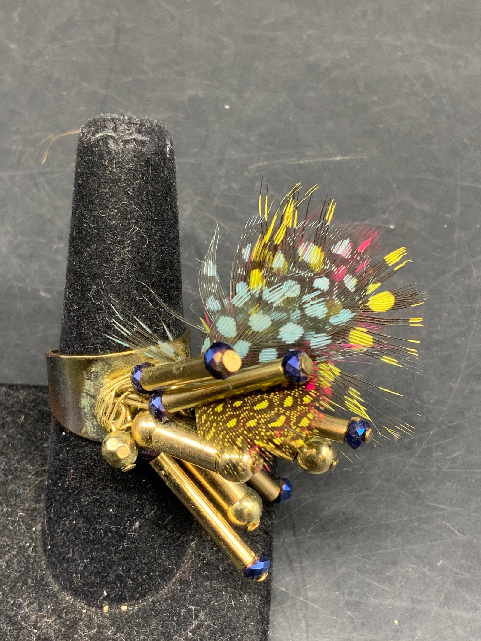 Unique Statement Ring, Metal Crystal Feathers - 3