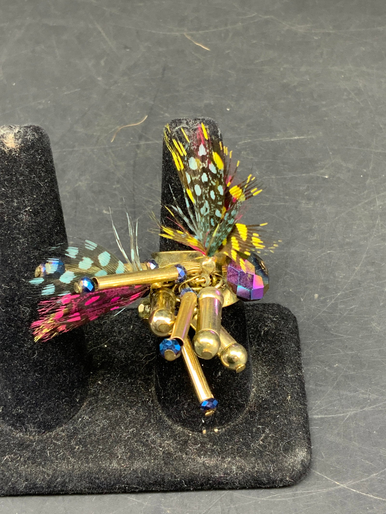 Unique Statement Ring, Metal Crystal Feathers - 5