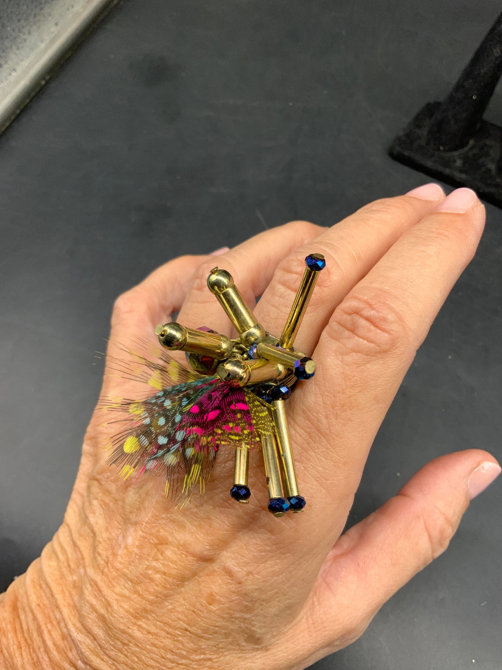 Unique Statement Ring, Metal Crystal Feathers - 6
