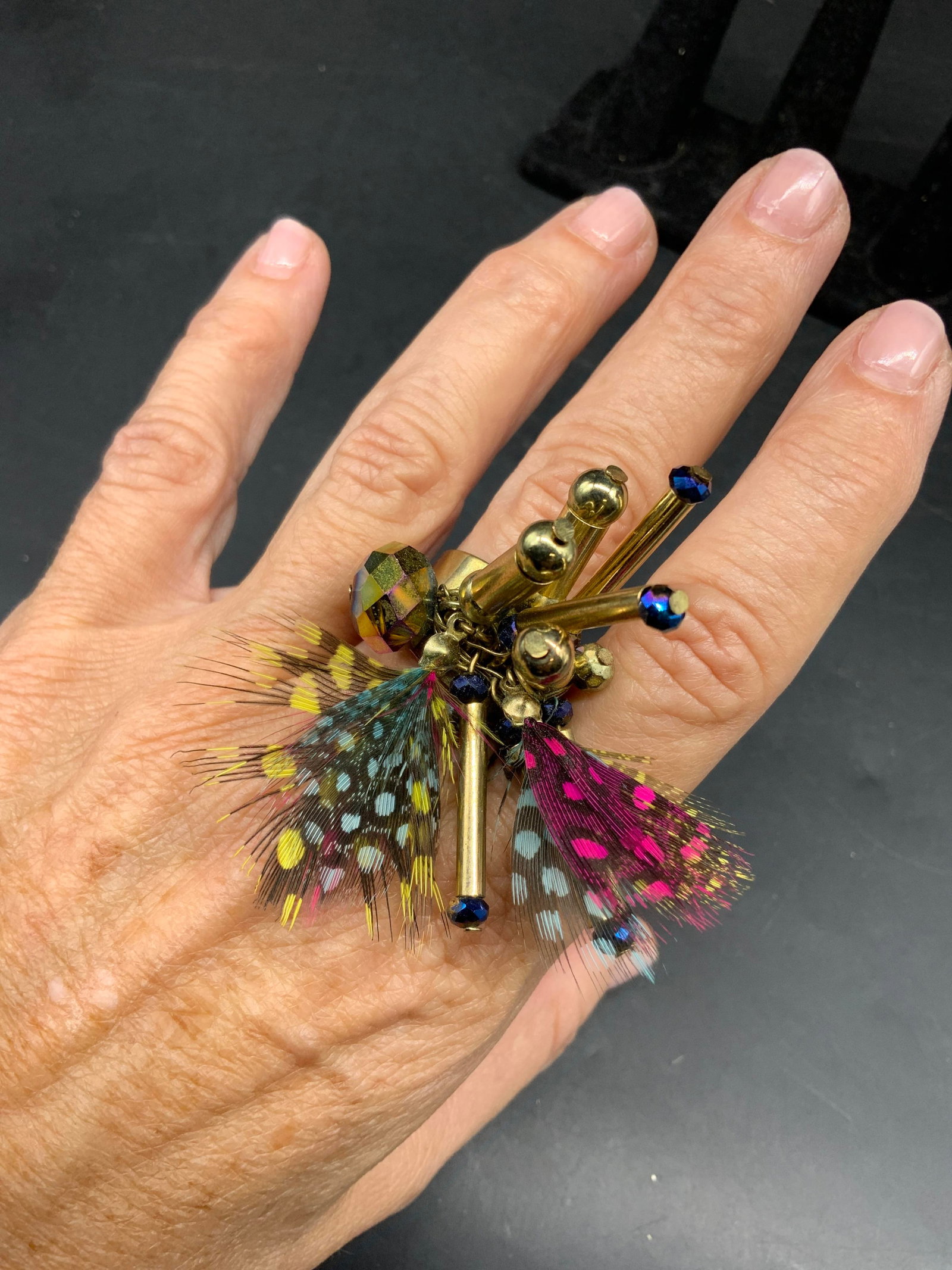 Unique Statement Ring, Metal Crystal Feathers - 7