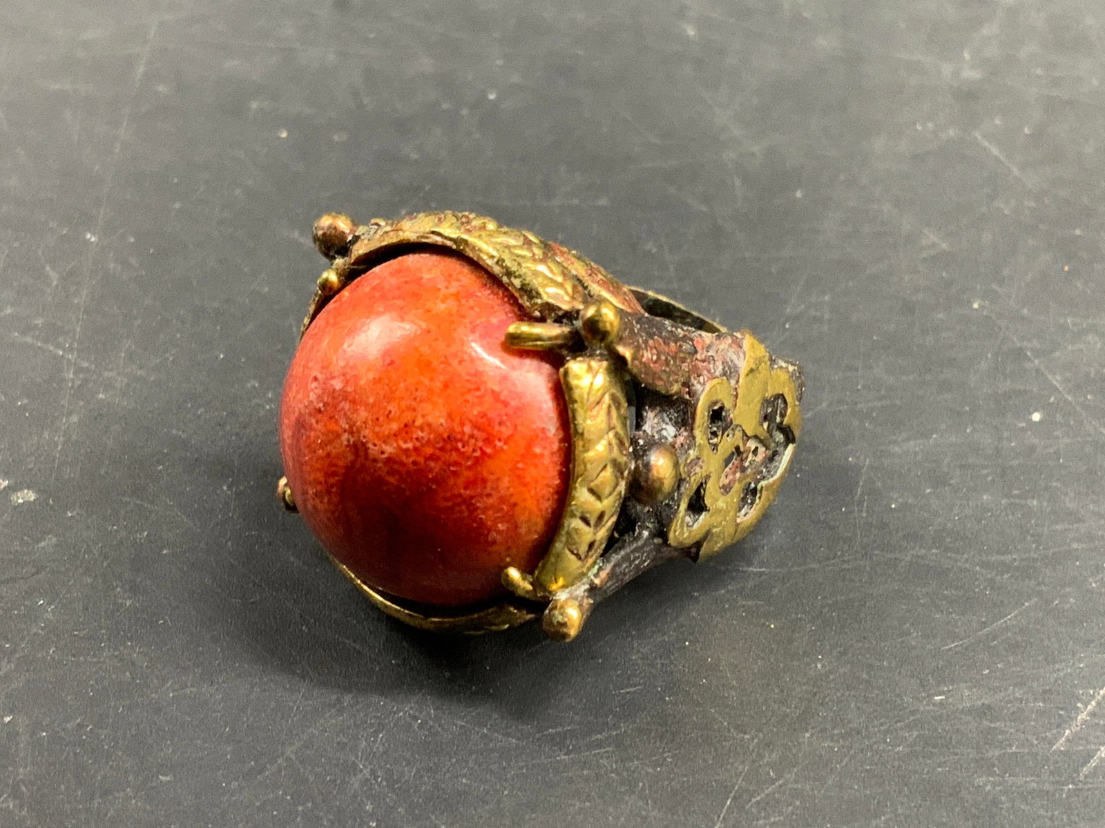 Red Coral Cabochon Statement Ring - 2