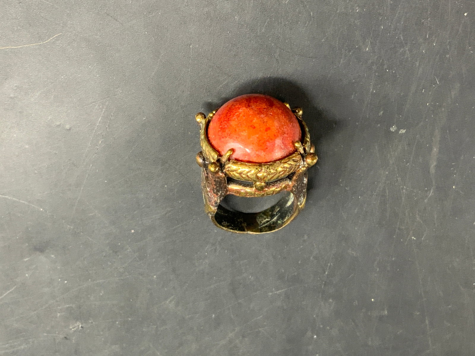 Red Coral Cabochon Statement Ring - 3