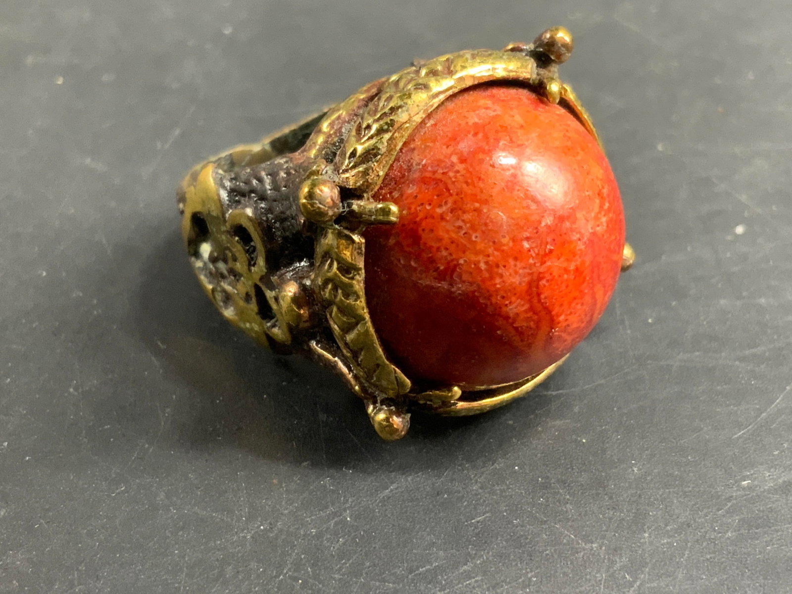 Red Coral Cabochon Statement Ring - 5