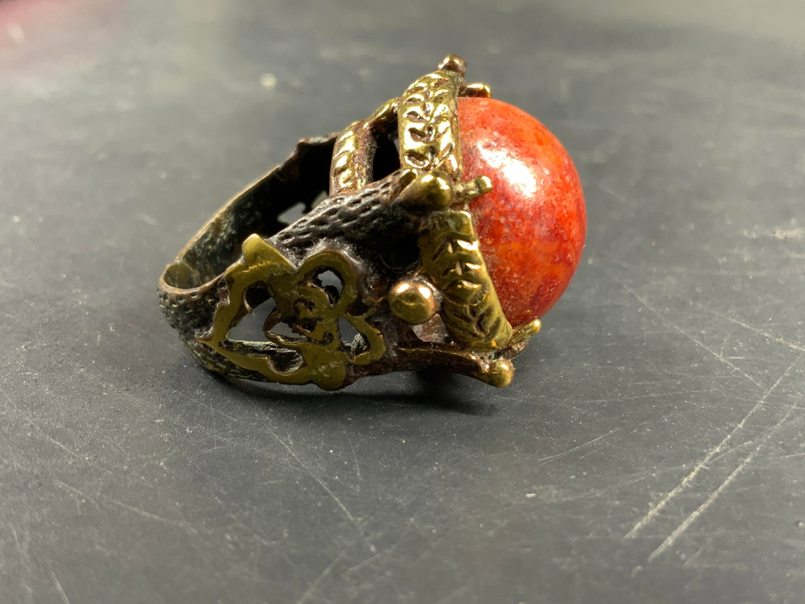 Red Coral Cabochon Statement Ring - 6