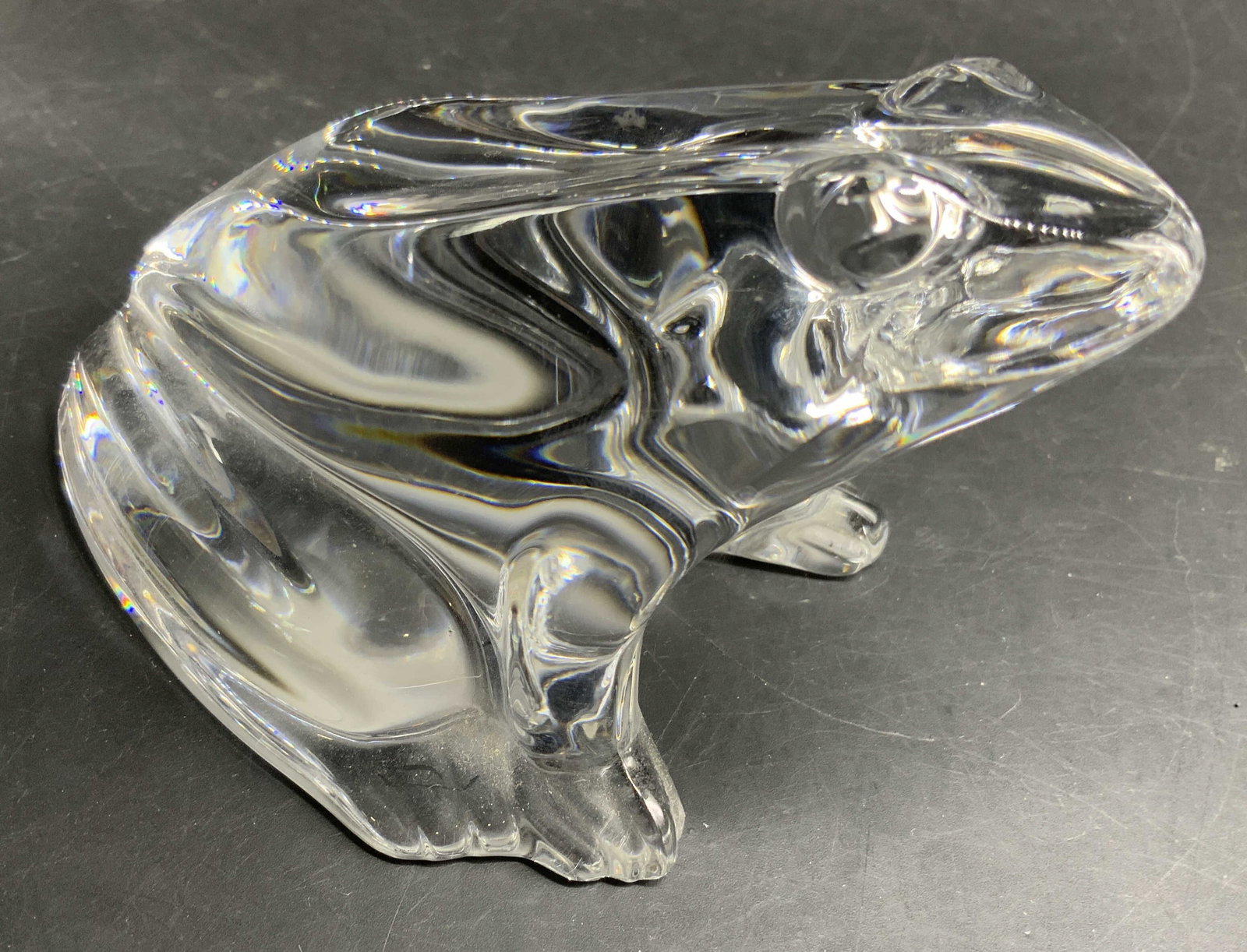 Baccarat Signed Crystal Frog, France: Baccarat signed and labeled underside, made in France Solid Crystal frog decorative object, measures ht app 3.5 inches, length app 4.25 inches, width app 3.5 inches, LC