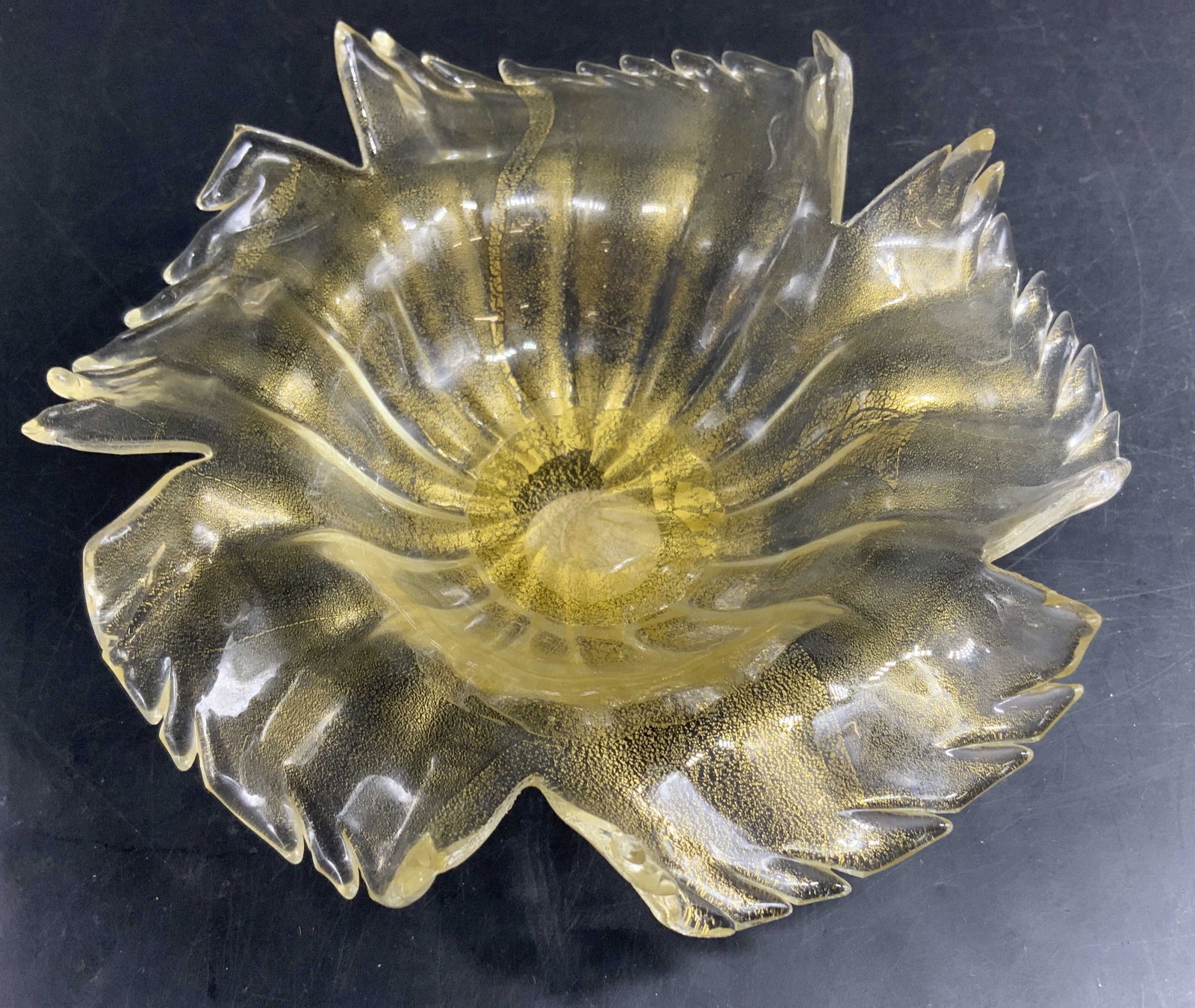Salviati Co Murano Gold Toned Art Glass Bowl: Label underside reads Salviati and Co, Italy, Vintage Murano Gold aventurine Art glass Bowl, with sculptural organic form and shimmering metallic flecks, short pedestal base and curled almost leaf