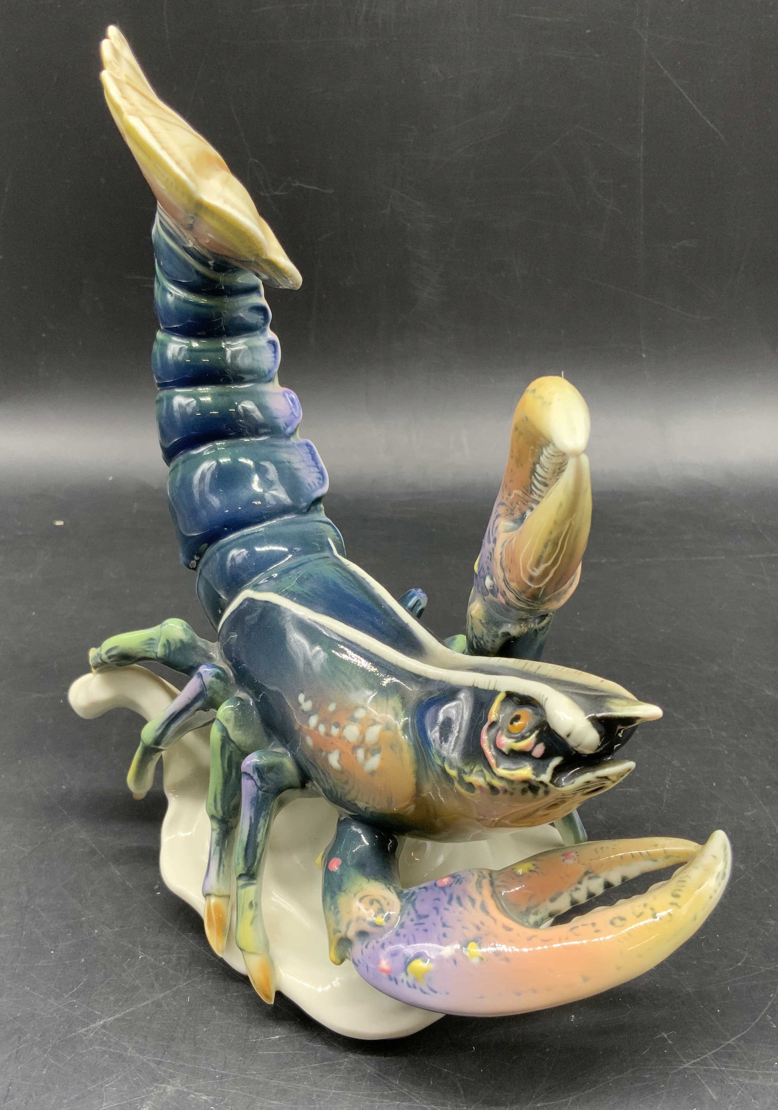 KARL ENS Signed Porcelain Lobster Fig, Ger: Karl Ens signed and trademarked on underside, porcelain hand painted and detailed Lobster figural, Made in Volkstedt Germany, designer known for highly detailed and life like porcelain marine