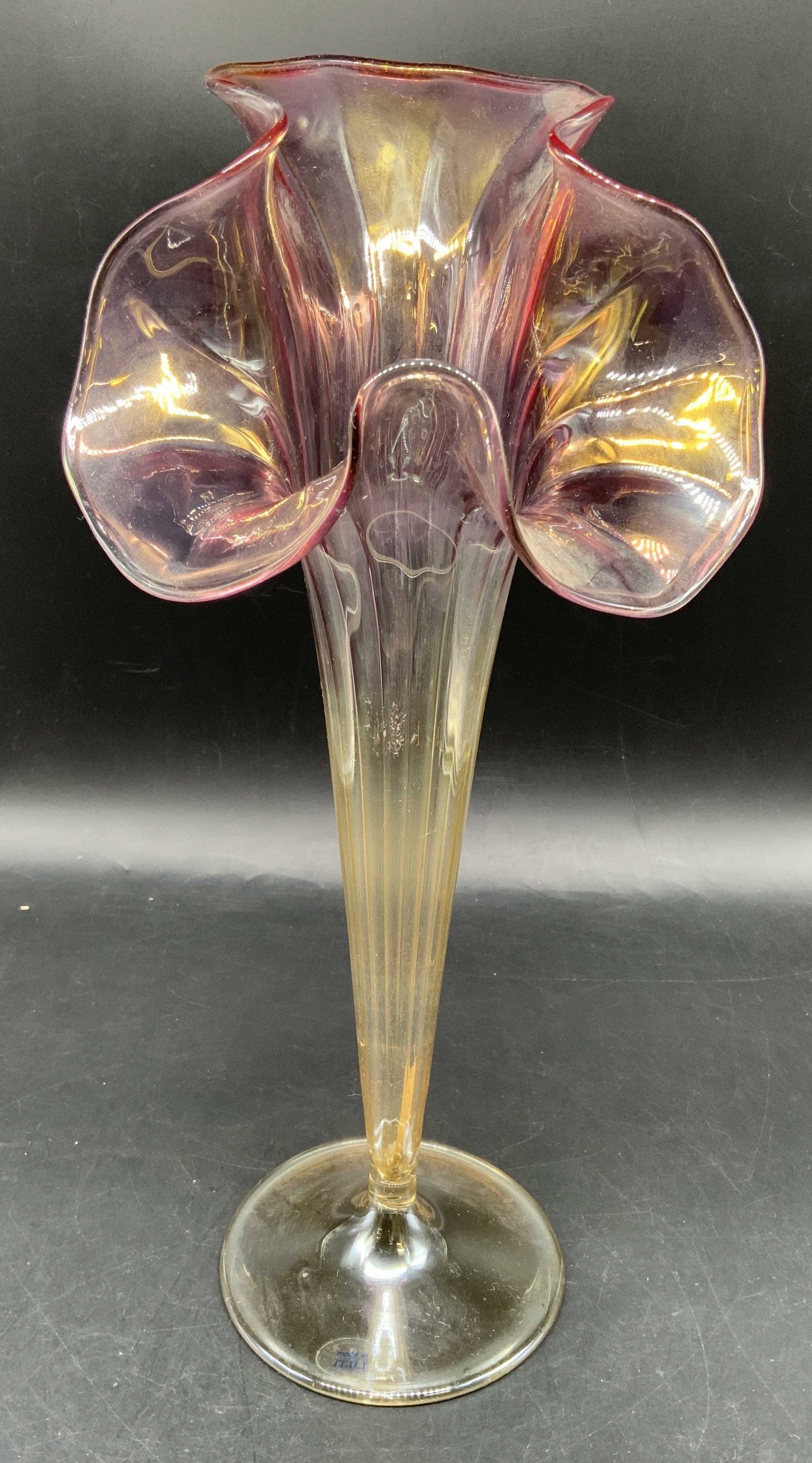 Art Glass Jack in The Pulpit Vase, Italy: Iridescent Art glass jack in the pulpit style Trumpet Vase, sticker affixed reads made in Italy, , vase features a fluted rim and ribbed stem, ht app 15 inches diameter app 7 inches, Italian art glass