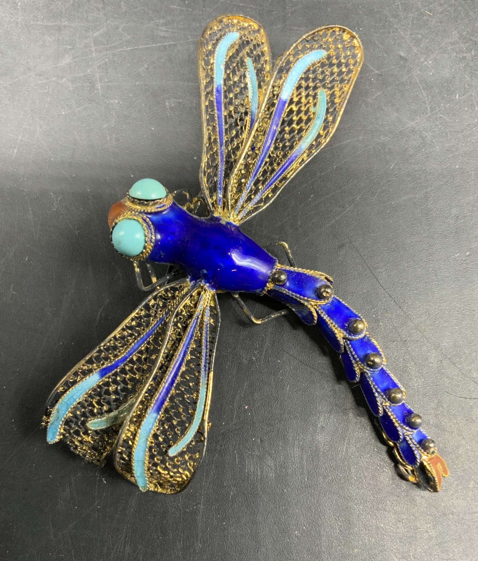 Vntg Sterling Cobalt Turquoise Dragonfly Brooch: Vintage possibly antique Chinese export sterling silver Sgnd Vermeil enamel articulated Dragonfly brooch, measures length app 2.25 inches by 2.5 inches dates early to mid 19th century, features fine m