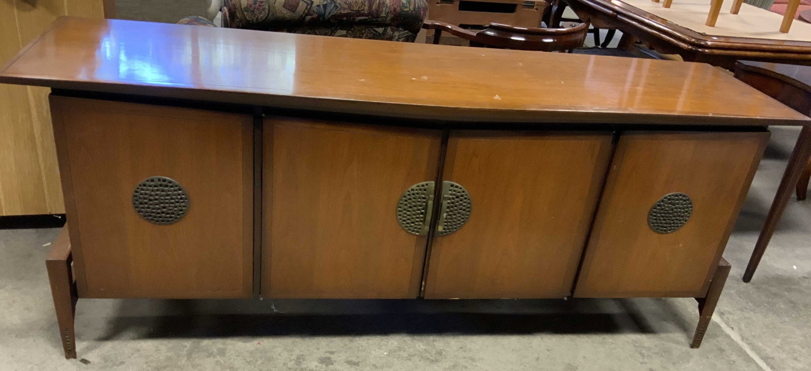 Helen Hobey Baker MCM Walnut Credenza: Helen Hobey for Baker C 1960 mid century modern walnut credenza or dresser, or side board, matches other pieces in this sale, featuring a distinctive Asian inspired circular bronze medallions,