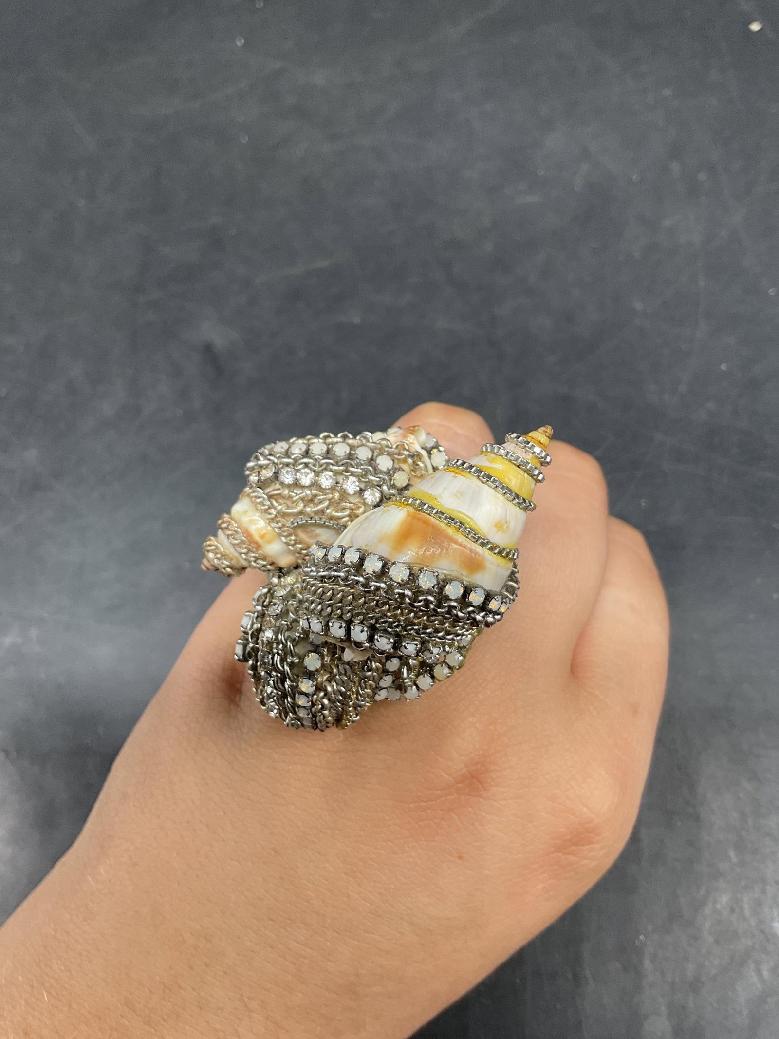 Vtg Erickson Beamon Shell & Rhinestone Ring - 7
