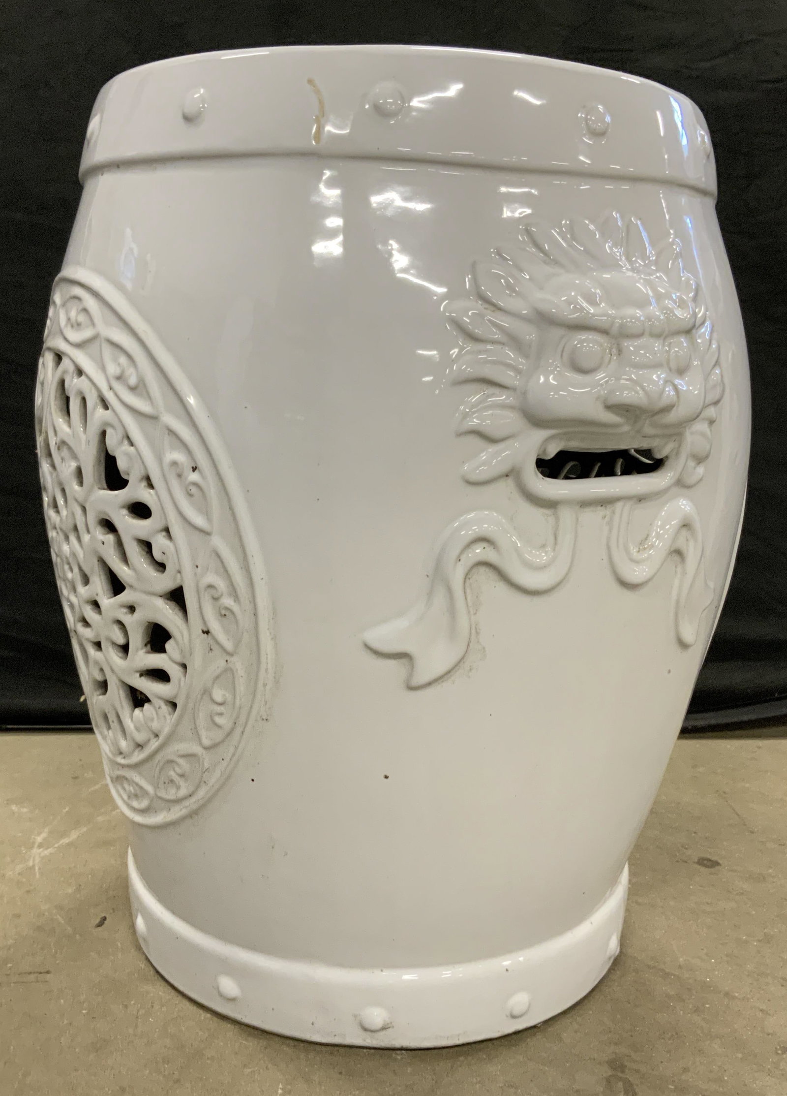White Porcelain Asian Garden Stool W Lions (1 of 9)