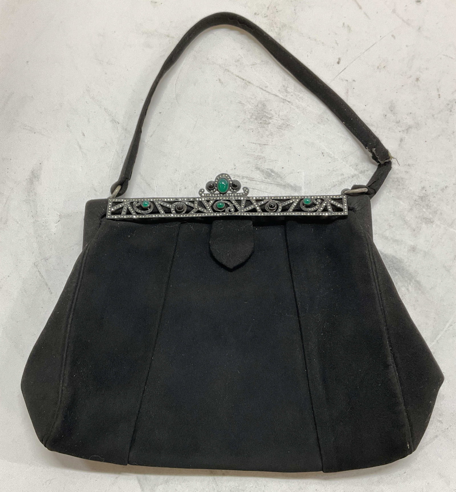 Vintage Black Embellished Evening Bag: Vintage black embellished evening bag. Attached strap. Silver toned frame embellished with black and green semiprecious gemstones and clear rhinestones, ornate pattern. Tested with Presidium Gem Teste