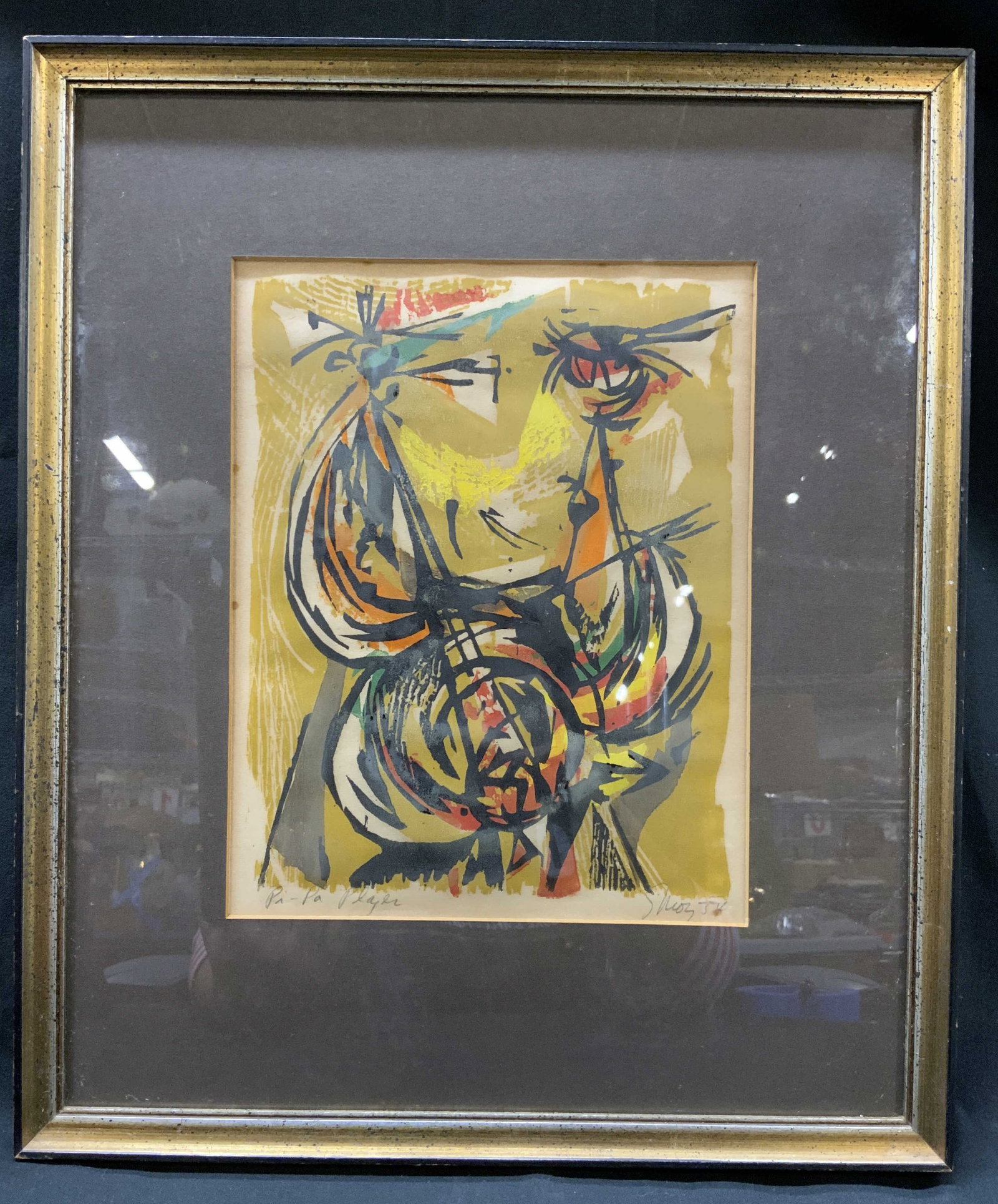 Sgnd 1954 Pi-Pa Player Abstract Woodcut Print Frmd (1 of 8)
