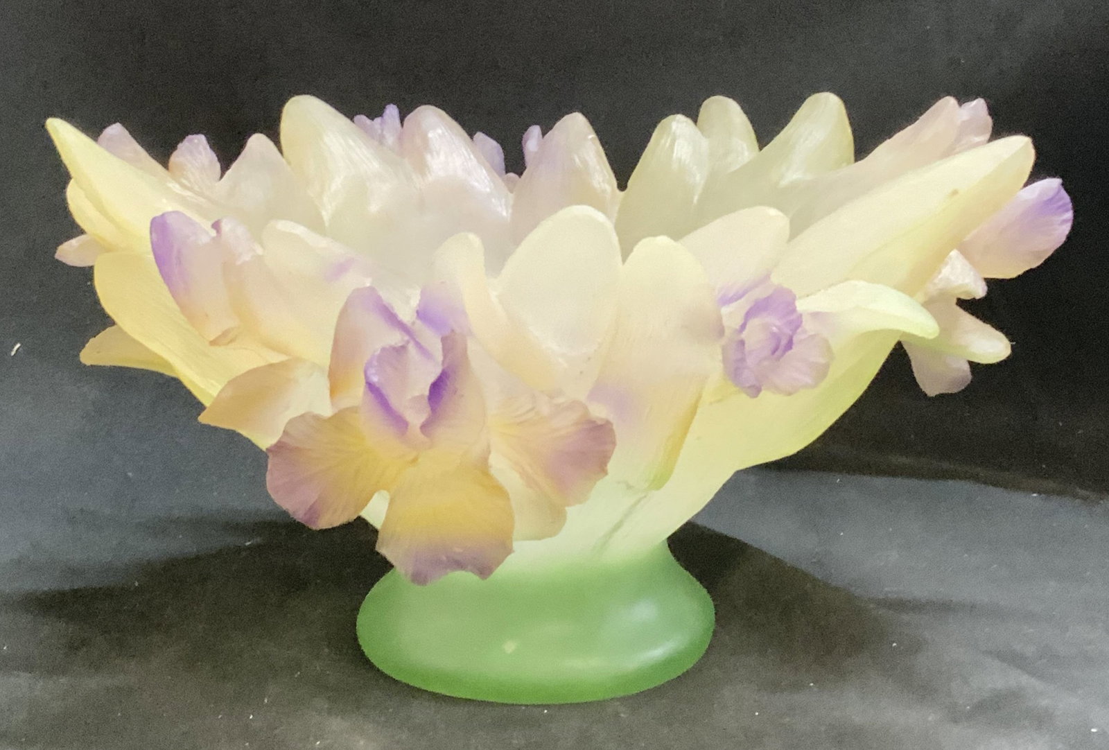 Art Nouveau Style Flower Pedestal Bowl: Art Nouveau Style Flower Pedestal Bowl. Cast resin material meticulously molded to replicate French glass paste art glass. Condition consistent with age and exposure. Measures app 5in H x 8.5in Diam.