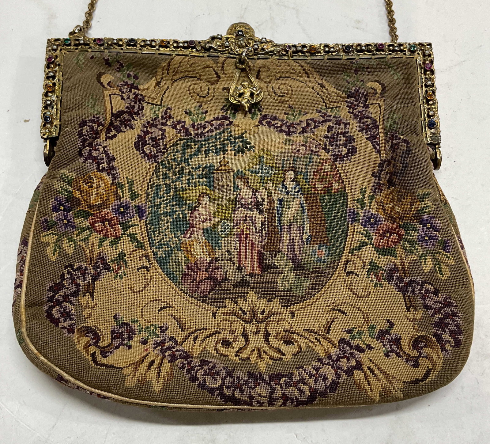 Antq Krausz Testverek Needlepoint Evening Bag: Antique Krausz Testverek needlepoint evening bag. Surface marked Krausz Testverek. Krausz Testverek was a jewelry store in Budapest during the late 1800s early 1900s. Attached chain strap. Gold toned