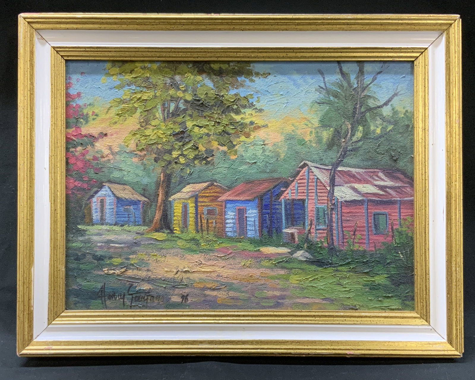 Sgnd Village Landscape Oil Painting Frmd, DR: Signed Henry Santana Paisaje de Campo- country Landscape, Village landscape oil painting. Made in Dominican Republic. frame, surface wear to frame, professionally framed, not examined out of frame.