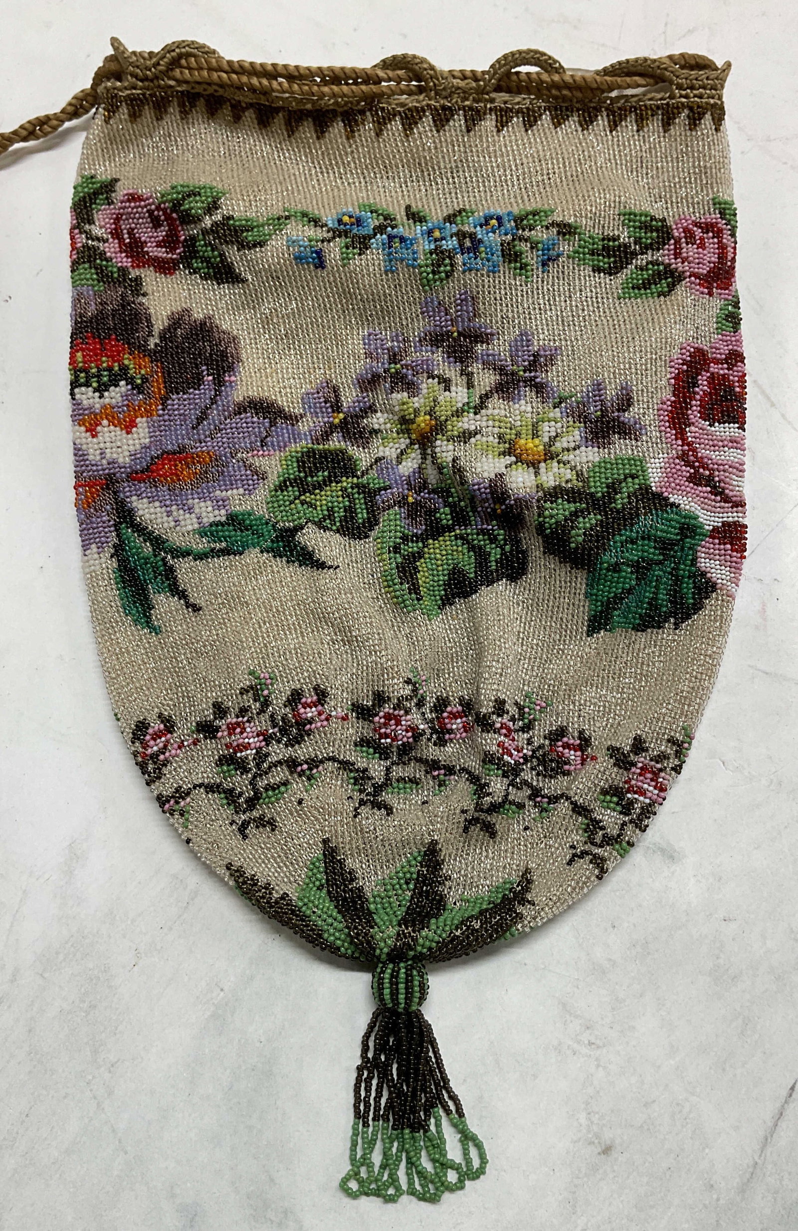 Antique Micro Beaded Floral Drawstring Purse (1 of 11)