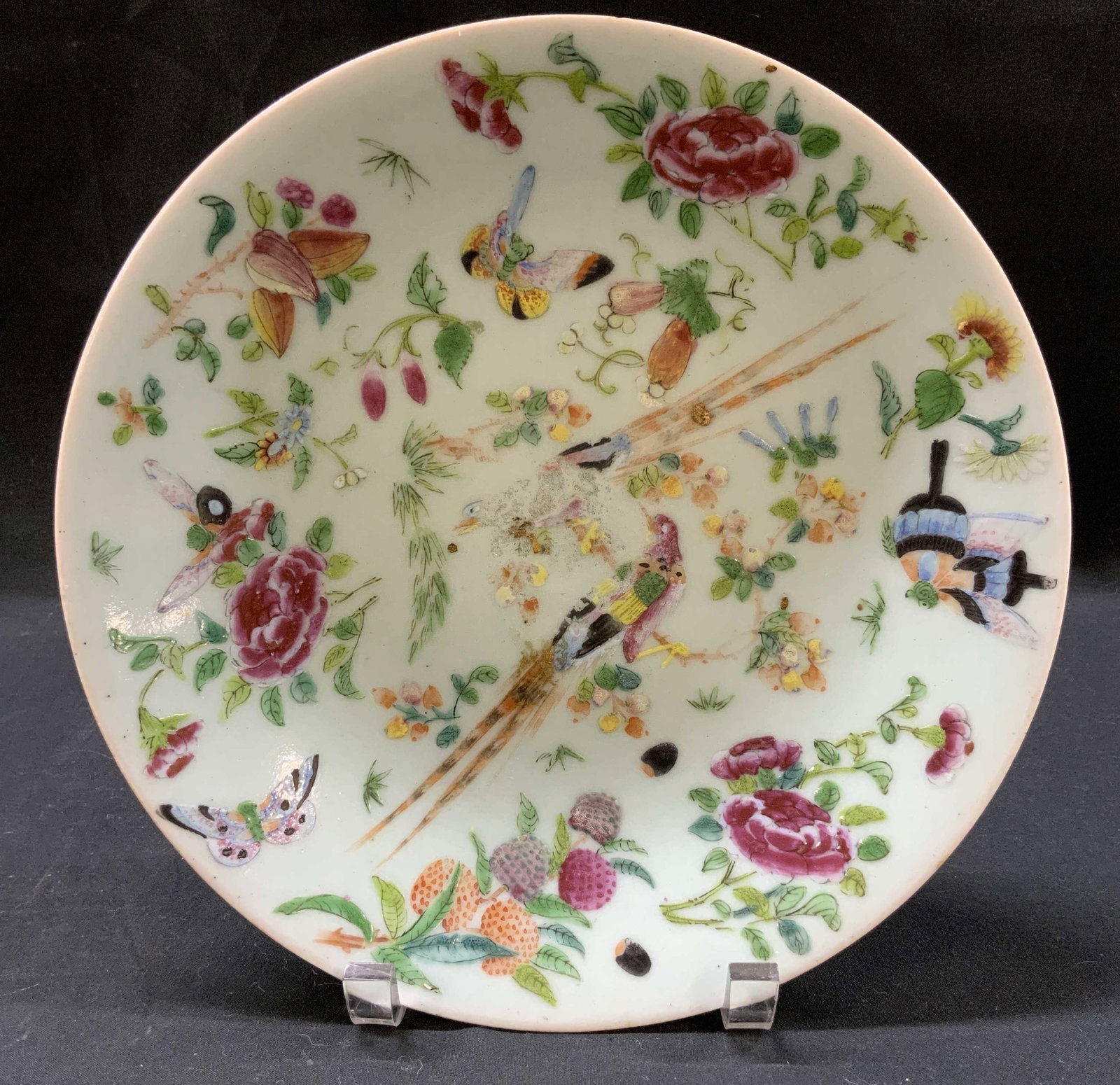 Antq Chinese Celadon Famille Rose Dish: Antique Chinese Celadon Famille Rose Millefleurs Plate. Enamel groupings of peonies, butterflies, gourds, flora, and two birds. Underside marked with blue makers mark. Condition consistent with age an