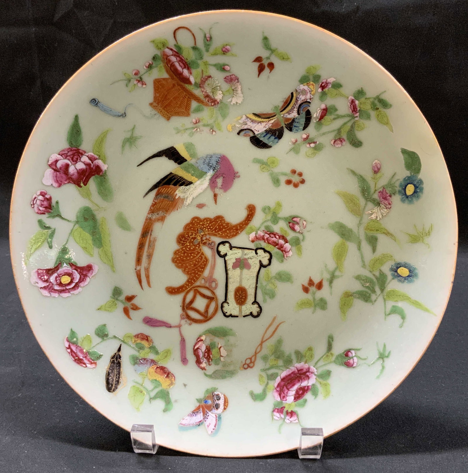 Antq Chinese Celadon Famille Rose Dish: Antique Chinese Celadon Famille Rose Millefleurs Plate. Enamel groupings of peonies, butterflies, gourds, flora, and two birds. Underside marked with blue makers mark. Condition consistent with age an