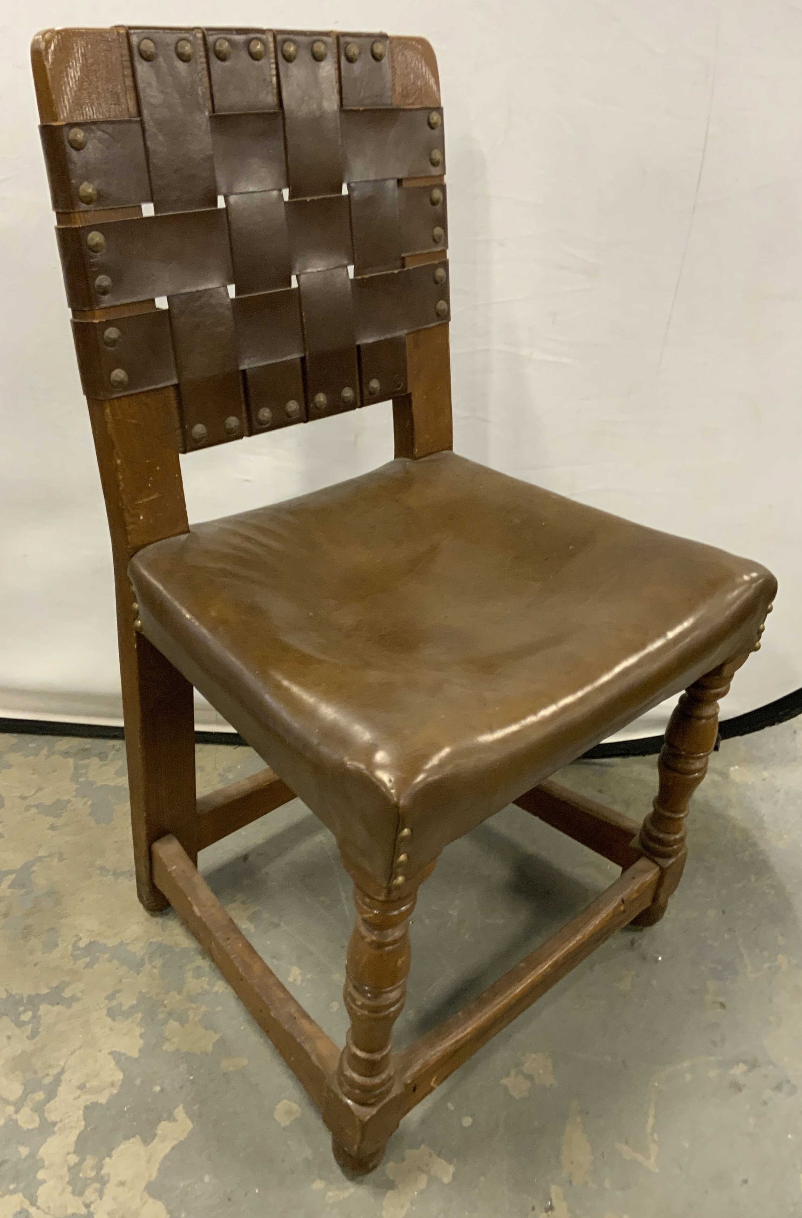 Antique Leather Strap Carved Wood Chair (1 of 10)
