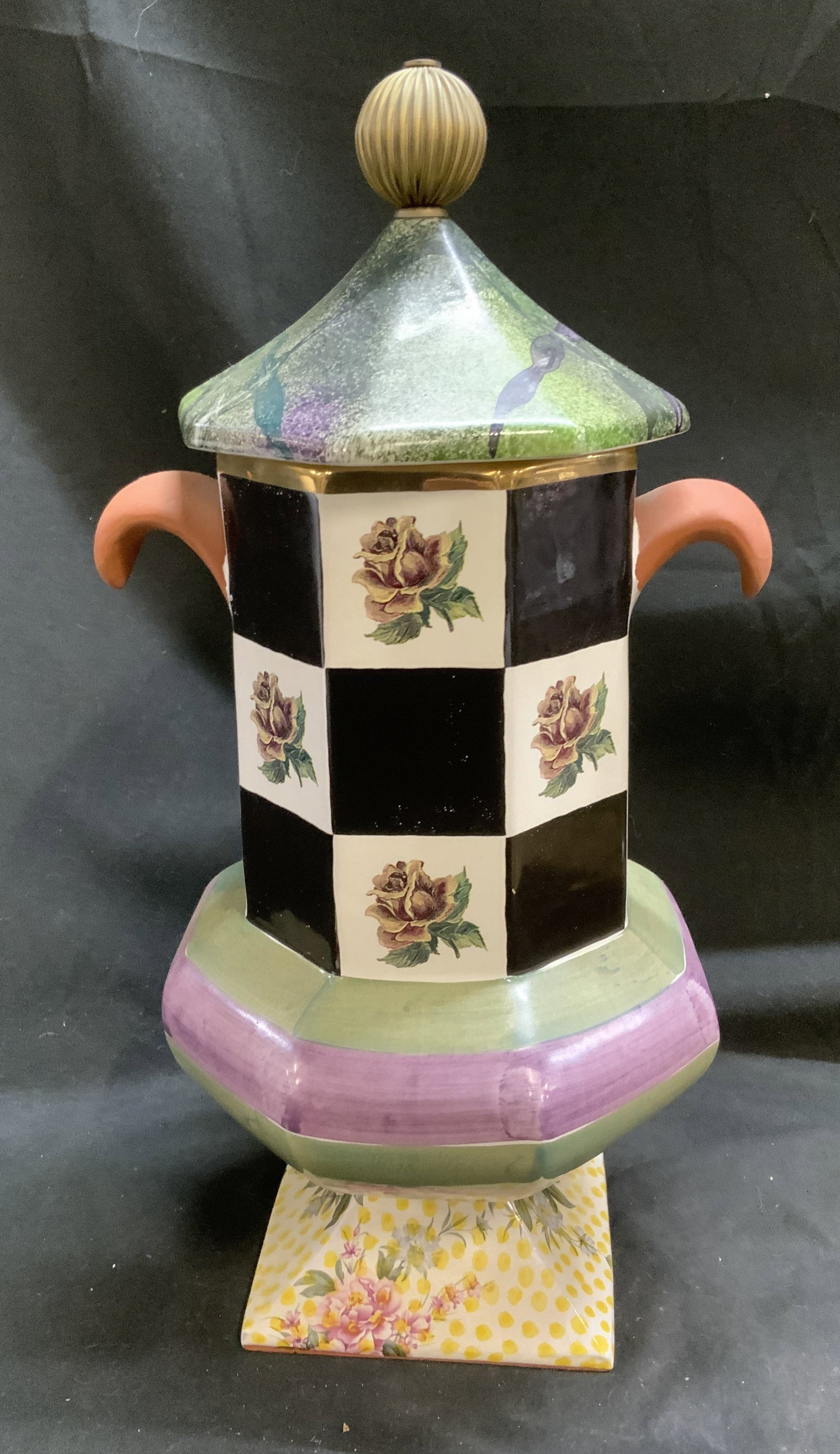 Vtg 95 MacKenzie-Childs Lidded Pedestal Urn: Vintage Stamped 1995 MacKenzie-Childs Ceramic Lidded Pedestal Urn. Pattern Kelp and Urchin. Checkered, striped, and polka dot patterns with florals. Unglazed handles. Bottom reads M-C. Condition consi