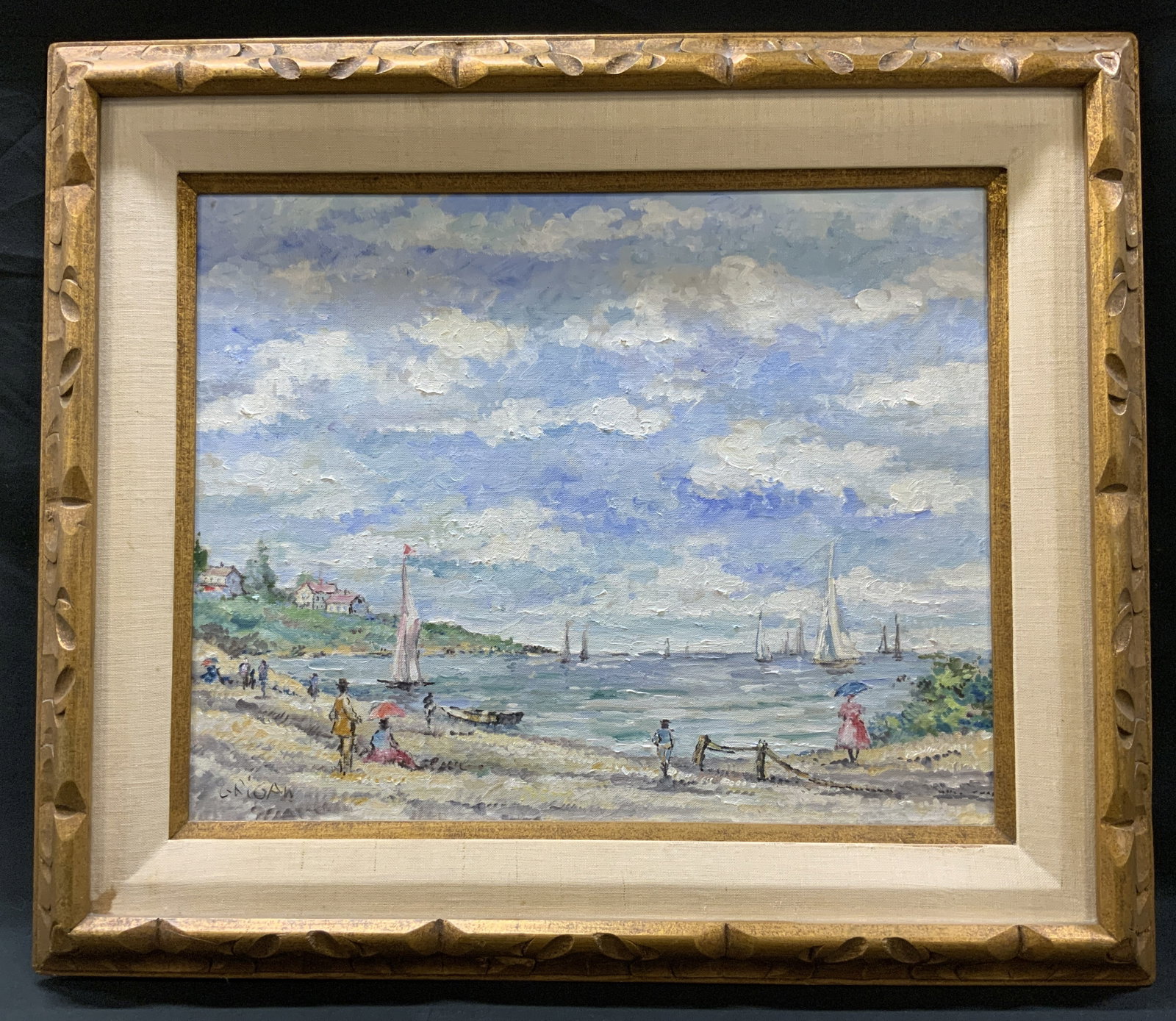 Sgnd Frmd Coastal Landscape Scene Oil Painting: Signed Framed Coastal Landscape Scene Oil Painting. Signature reads illegibly, possibly reads Galigan. In bottom left corner. Depicts beach shore with sailboats, people on sand, and buildings in the d