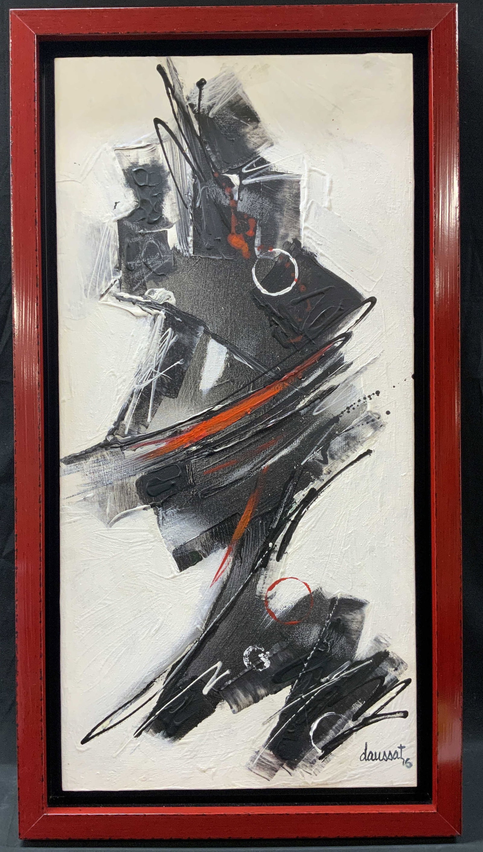 Vtg Sgnd Daussat Abstract Painting, Framed: Vintage signed Pascal Daussat abstract painting. Possibly acrylic paint. Signed Daussat ?76 bottom right corner. Frame, surface wear to frame, professionally framed, not examined out of frame. Framed